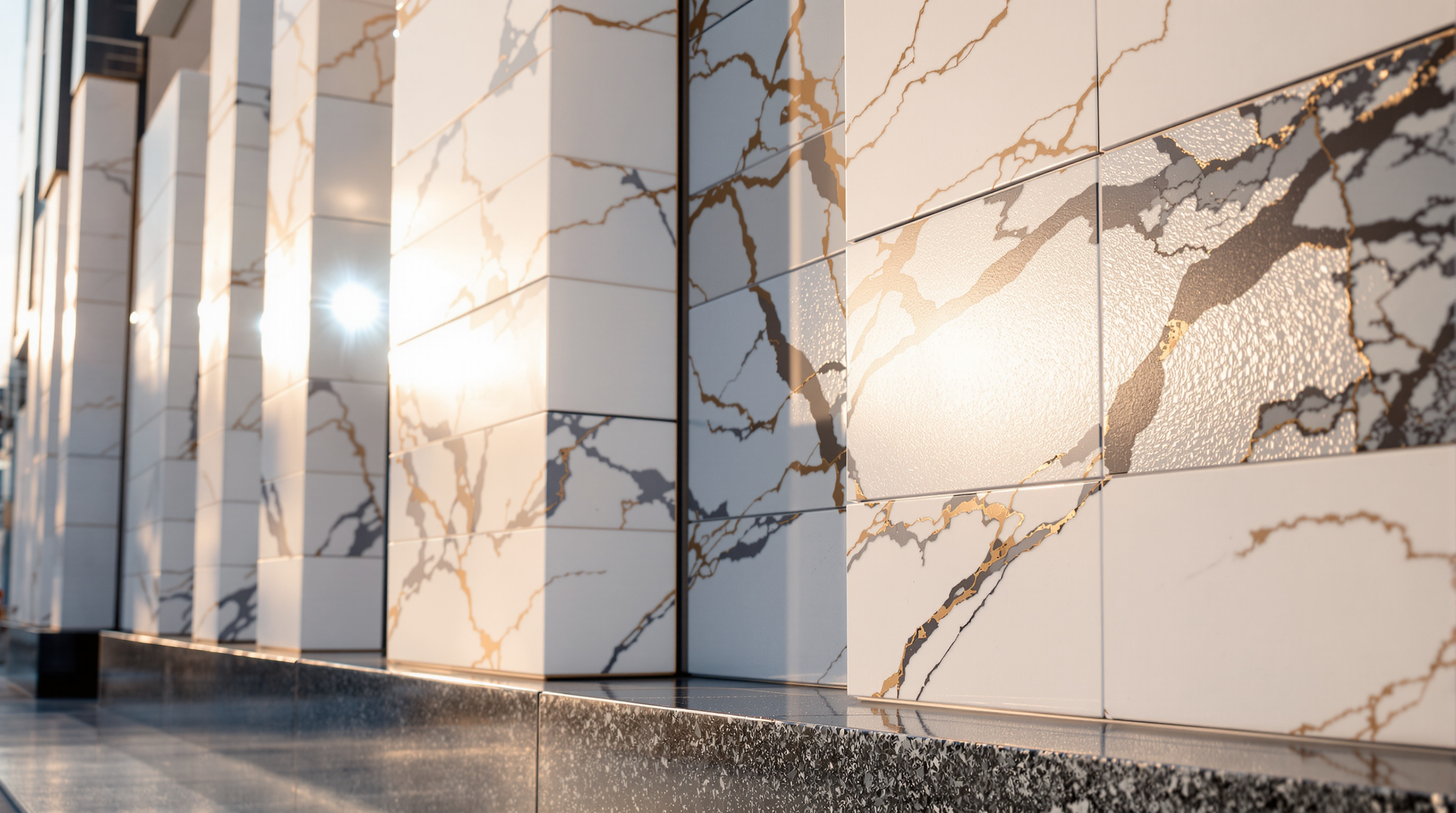 The rebuilt white marble facade of Finlandia Hall seen in raking evening light, the crisp new Lasa marble panels with their fine shadow-gap joints running in horizontal courses above the dark granite base, scaffolding-free and pristine