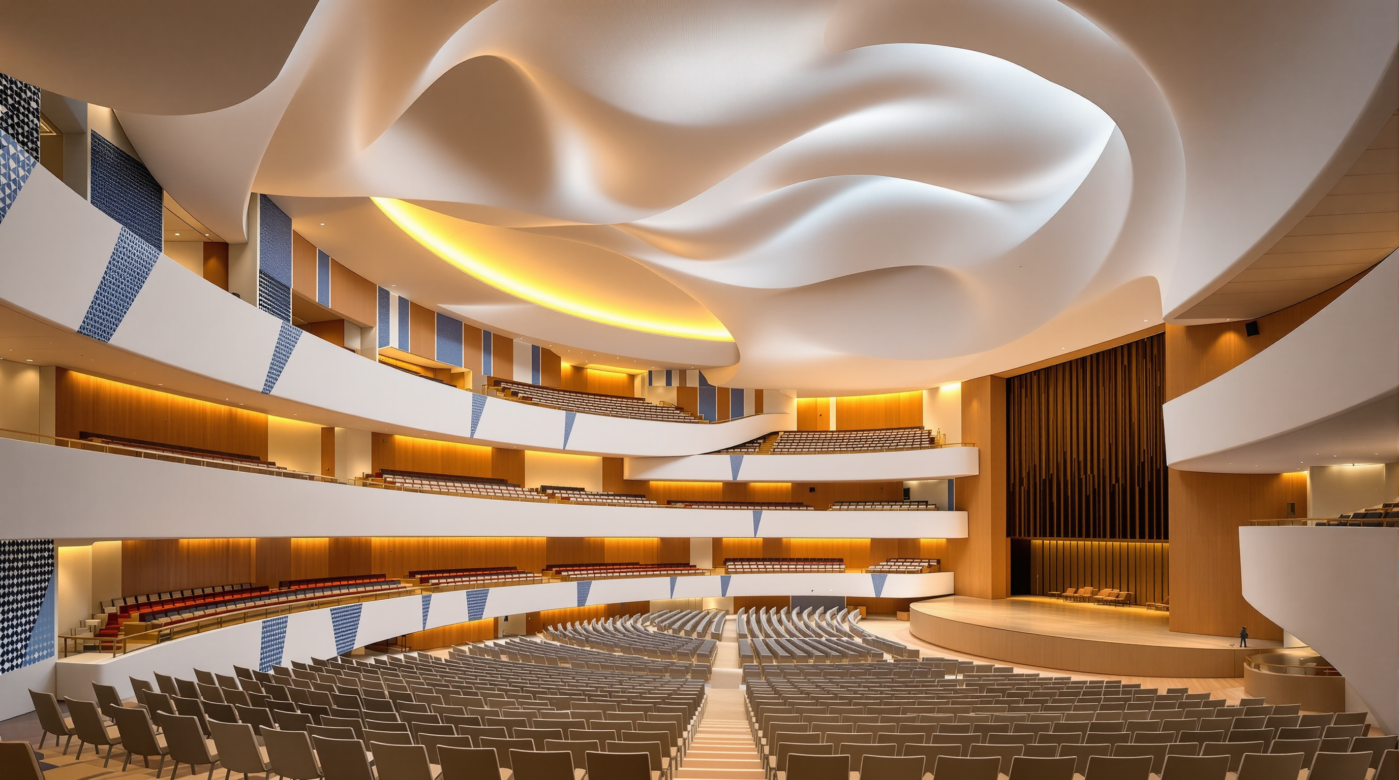 The interior of Finlandia Hall's main auditorium, an asymmetric concert hall lined in blue-and-white ceramic and timber, with steeply raked seating for around 1,700 and Aalto's sculptural balcony fronts and undulating ceiling, warm stage lighting glowing below
