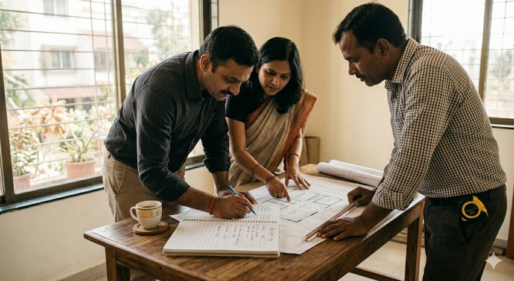An Indian homeowner couple annotating a decision log and floor plan during early home planning at a table with a builder, documentary daylight photograph