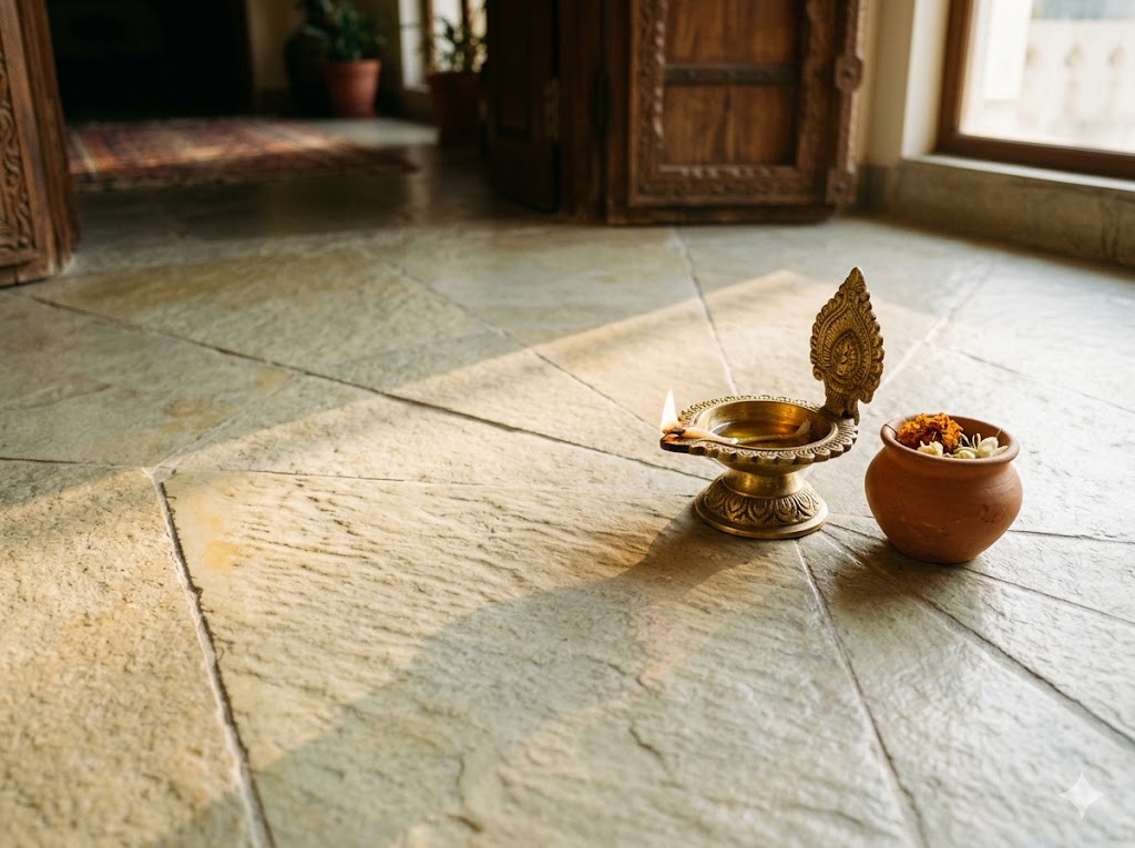 Honed Kota stone flooring in an Indian residence — soft yellow-grey natural patina, traditional and contemporary