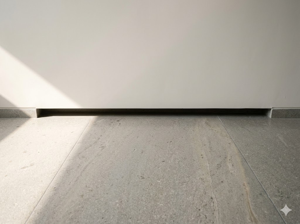 Shadow-gap skirting detail — clean reveal between wall and floor, no projecting skirting strip