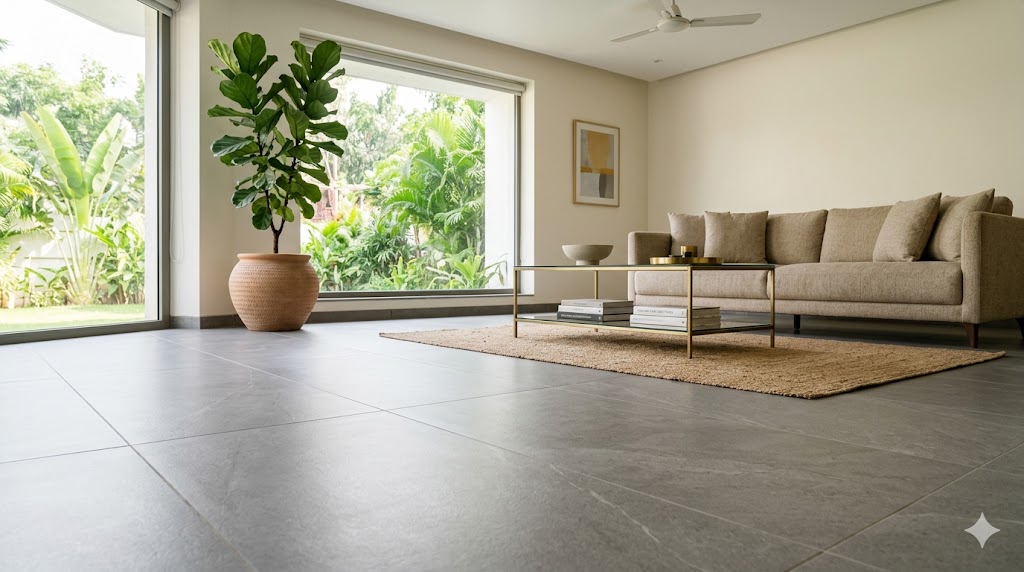 Large-format vitrified tile floor in a contemporary Indian living room — full-body double-charge with natural light reading across the surface