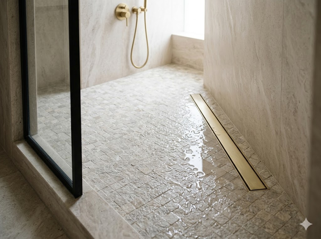 Indian bathroom wet-area detail — anti-slip R11 mosaic tile with linear floor drain, positive gradient visible