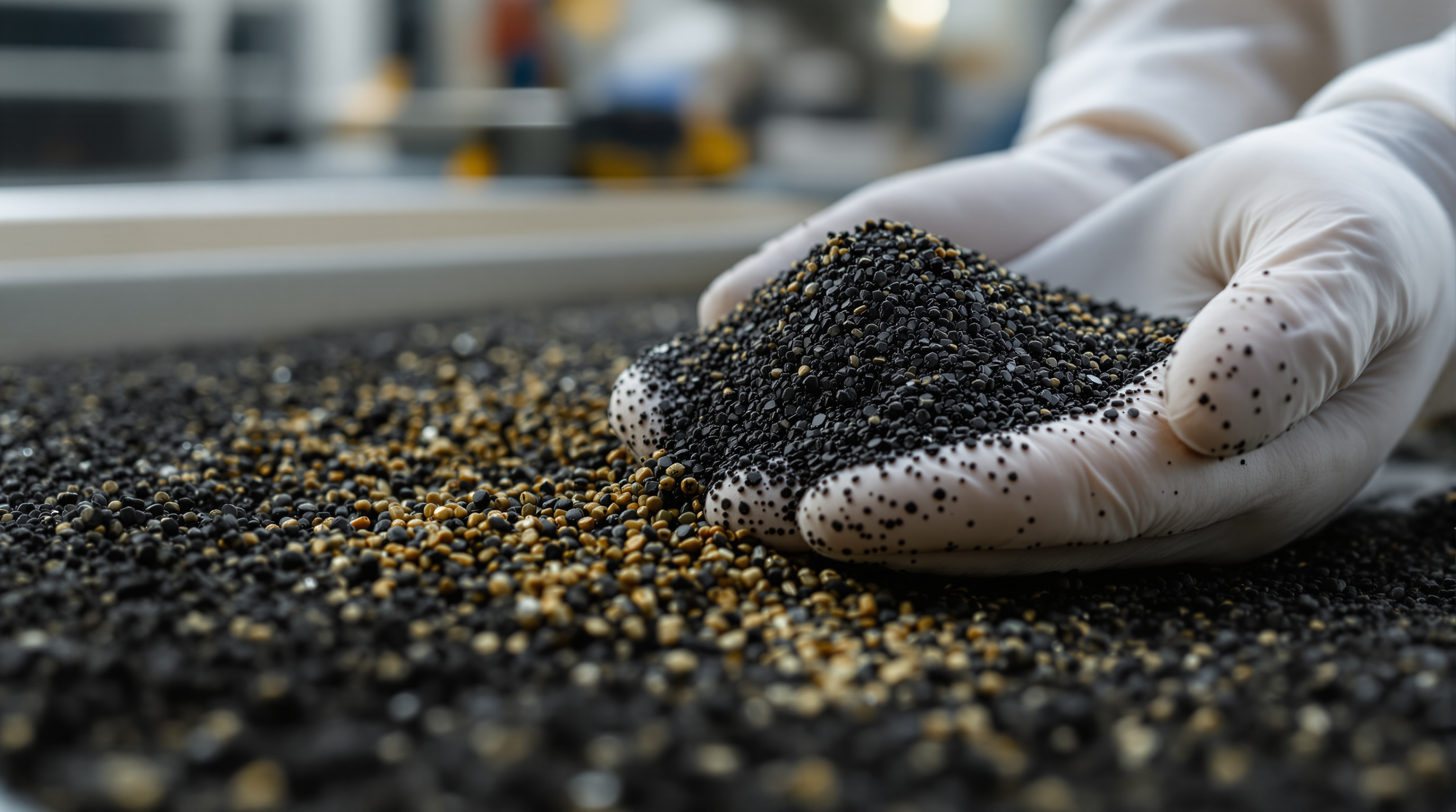 Close-up of an Indian process technician's gloved hand holding a sample of dark biofilm-coated granular media grains over a lab tray at a wastewater treatment facility