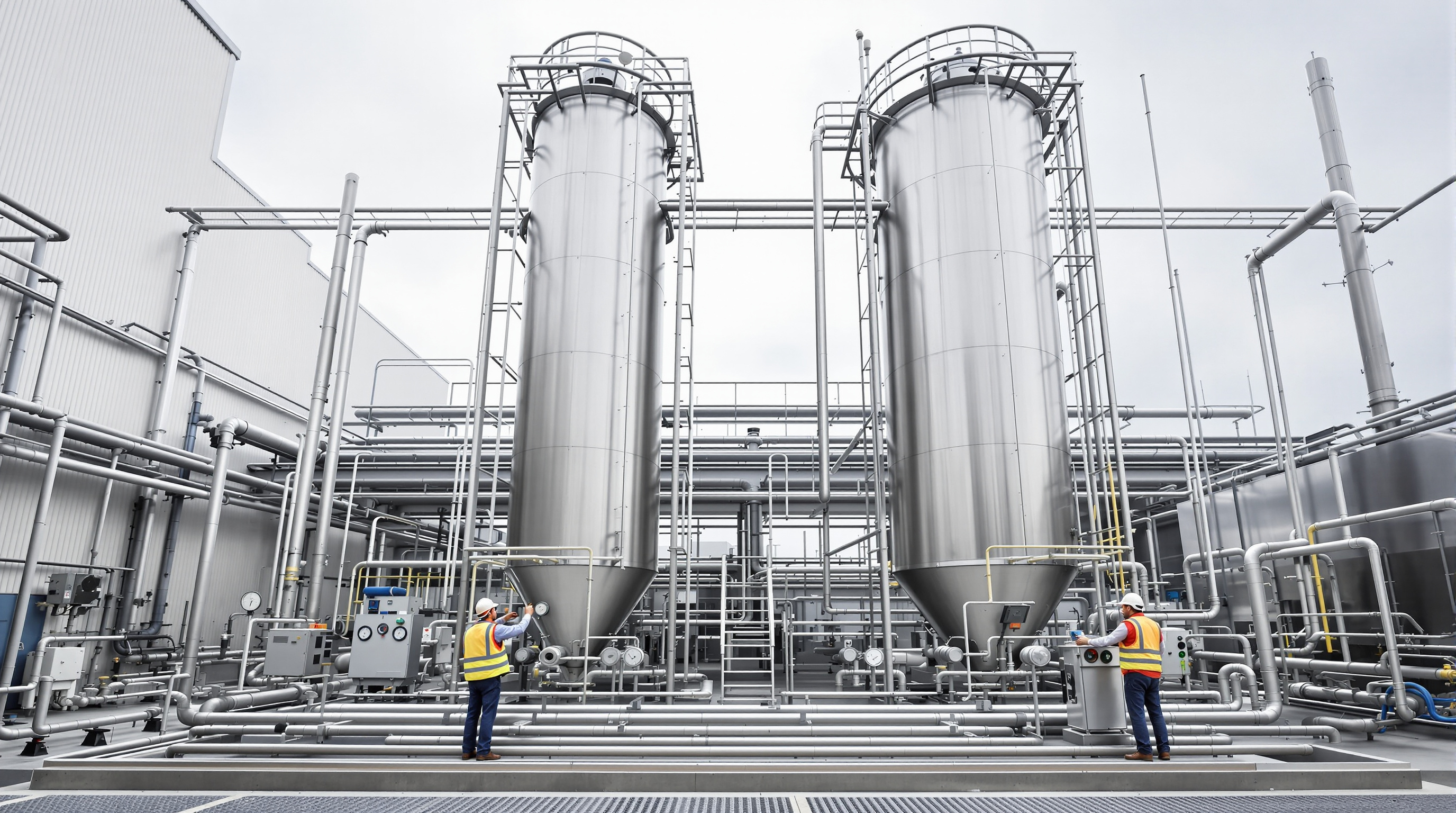 Tall cylindrical steel bioreactor columns with recirculation pipework and pumps at an Indian pharmaceutical effluent treatment plant, with an Indian engineer inspecting the units