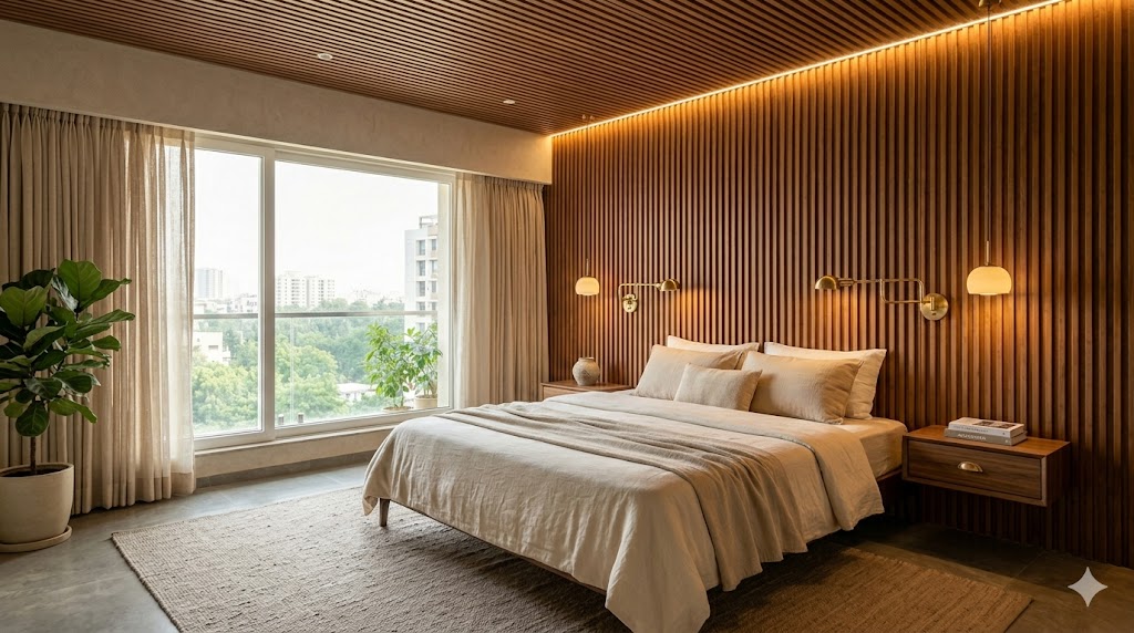 Wide-angle photograph of an Indian master bedroom with a fluted oak headboard wall floor to ceiling smoked oak veneer fluted panel at 20 mm groove pitch extending the full wall width behind a low-slung king bed with linen bedding in cream and sand layers two wall-mounted oak bedside drawers in brushed brass cup pulls two reading sconces with swing arms in brushed brass mounted on the fluted panel a large wool dhurrie in soft taupe over the oak floor a single Auroville ceramic vessel on one bedside two stacked architecture books on the other warm 2700K bedside pendants suspended from the ceiling at flute alignment soft Mumbai morning daylight through oat linen floor to ceiling curtains a single Ficus floor plant near the window quiet luxury sensibility magazine quality interior photograph