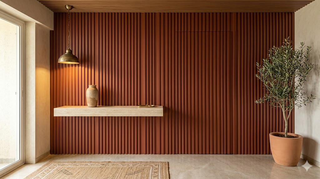Wide-angle photograph of a foyer entry wall in a premium Mumbai or Bengaluru 3 BHK apartment a floor to ceiling fluted MDF panel in PU paint deep clay terracotta colour at 25 mm groove pitch with concealed jib door integrated into the flute rhythm leading to a utility room a slim travertine slab console projecting from the panel with one tall hand-thrown Auroville ceramic vessel and one small brass tray for keys a vintage brass pendant light suspended from the ceiling at warm 2700K casting grazing light down parallel to the flutes a single Indian woven jute floor mat at the entry threshold polished honed Italian limestone floor a tall potted olive tree near the panel edge soft afternoon daylight quiet luxury sensibility magazine quality interior photograph