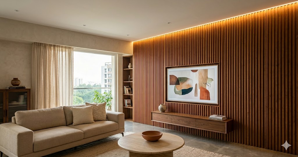 Wide-angle photograph of a fluted teak TV wall in a premium Bengaluru or Mumbai 3 BHK living room floor to ceiling solid teak fluted panel in 25 mm groove pitch with a recessed 65 inch Samsung Frame TV sitting flush with the panel face a floating walnut console below with one ceramic vessel and one stack of architecture books a low-slung oat linen sofa in front with two boucle cushions a travertine round coffee table with a single Auroville hand-thrown terracotta bowl warm 2700K grazing LED strip in the shadow gap at the ceiling throwing soft light down parallel to the flutes large floor-to-ceiling linen curtains in oat cream to one side natural late-afternoon Bangalore daylight a wool dhurrie in soft taupe under the seating cluster magazine-quality interior photograph quiet luxury sensibility