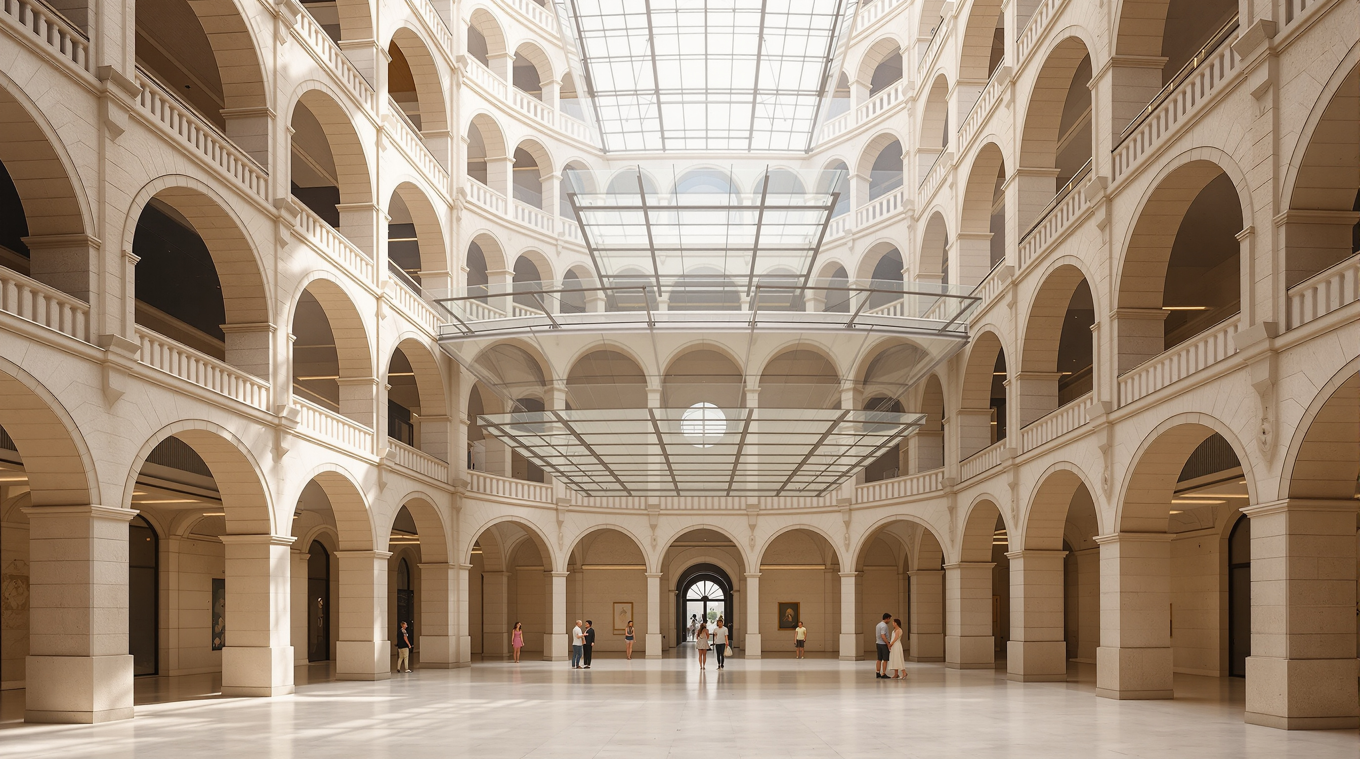 The restored inner courtyard of the Fondaco dei Tedeschi, a tall arcaded Venetian atrium in warm stone, with a new steel-and-glass floor hovering overhead and daylight pouring down onto the pale paving where visitors gather