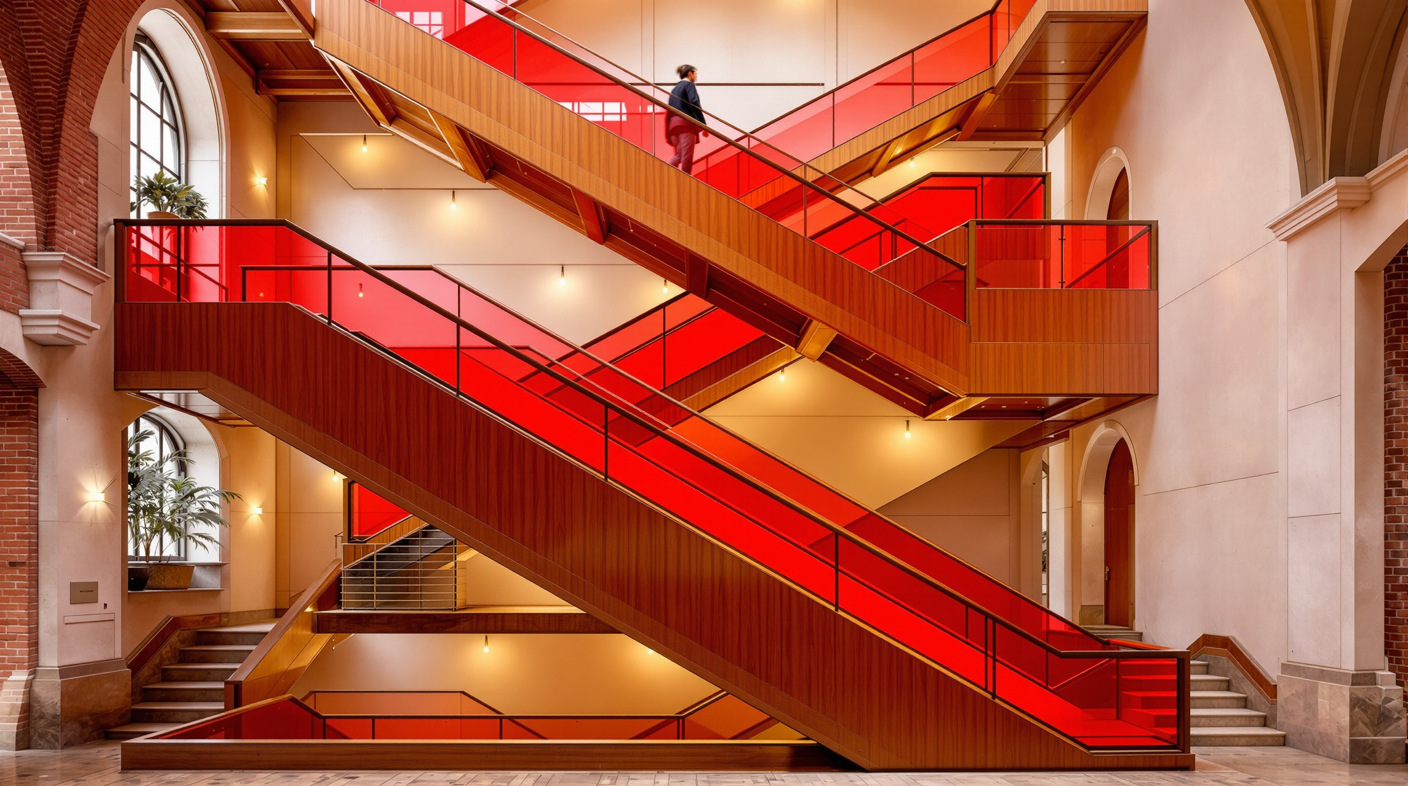 The signature red escalators of the Fondaco dei Tedeschi cutting diagonally through the building's interior, their bright scarlet balustrades and warm brown timber treads carrying visitors up past the pale restored masonry walls, unmistakably contemporary against the ancient fabric