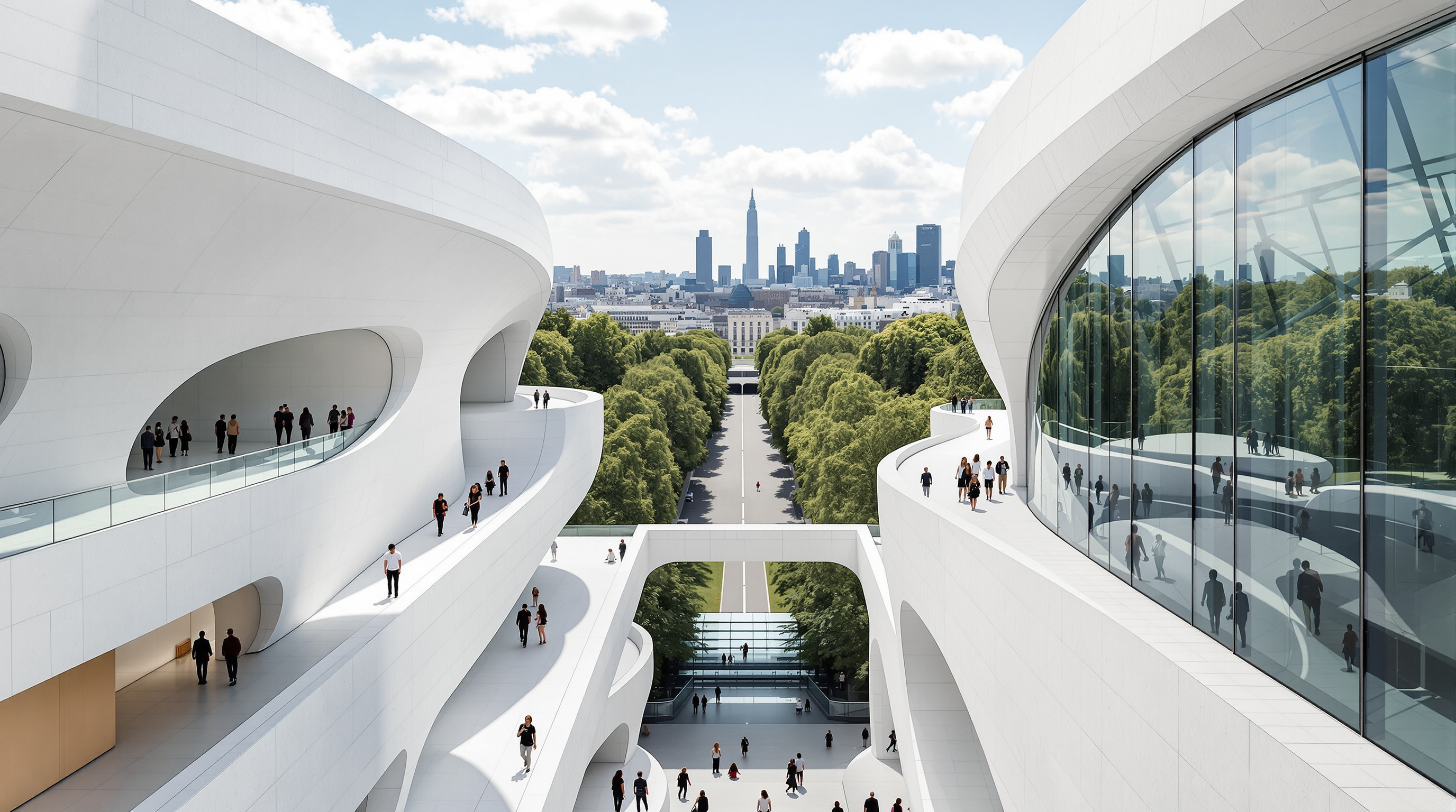 Visitors on the upper terraces of the Fondation Louis Vuitton walking between the white Ductal-clad galleries and the towering curved glass sails, the wooded canopy of the Bois de Boulogne and the towers of La Défense visible through the glass beyond