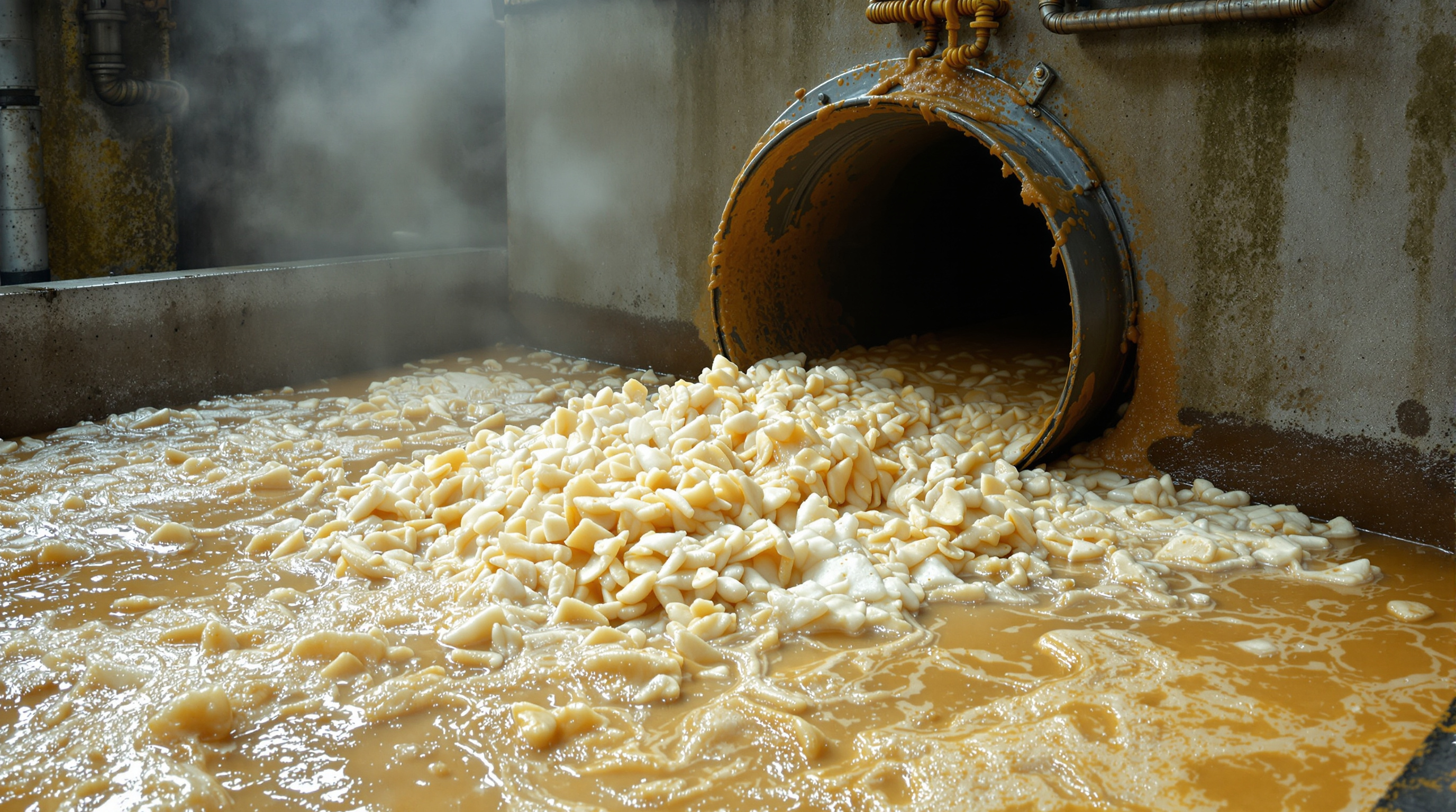 Frothy, greasy raw wastewater surging from a food processing plant outfall into an intake channel, thick with pulp and fats