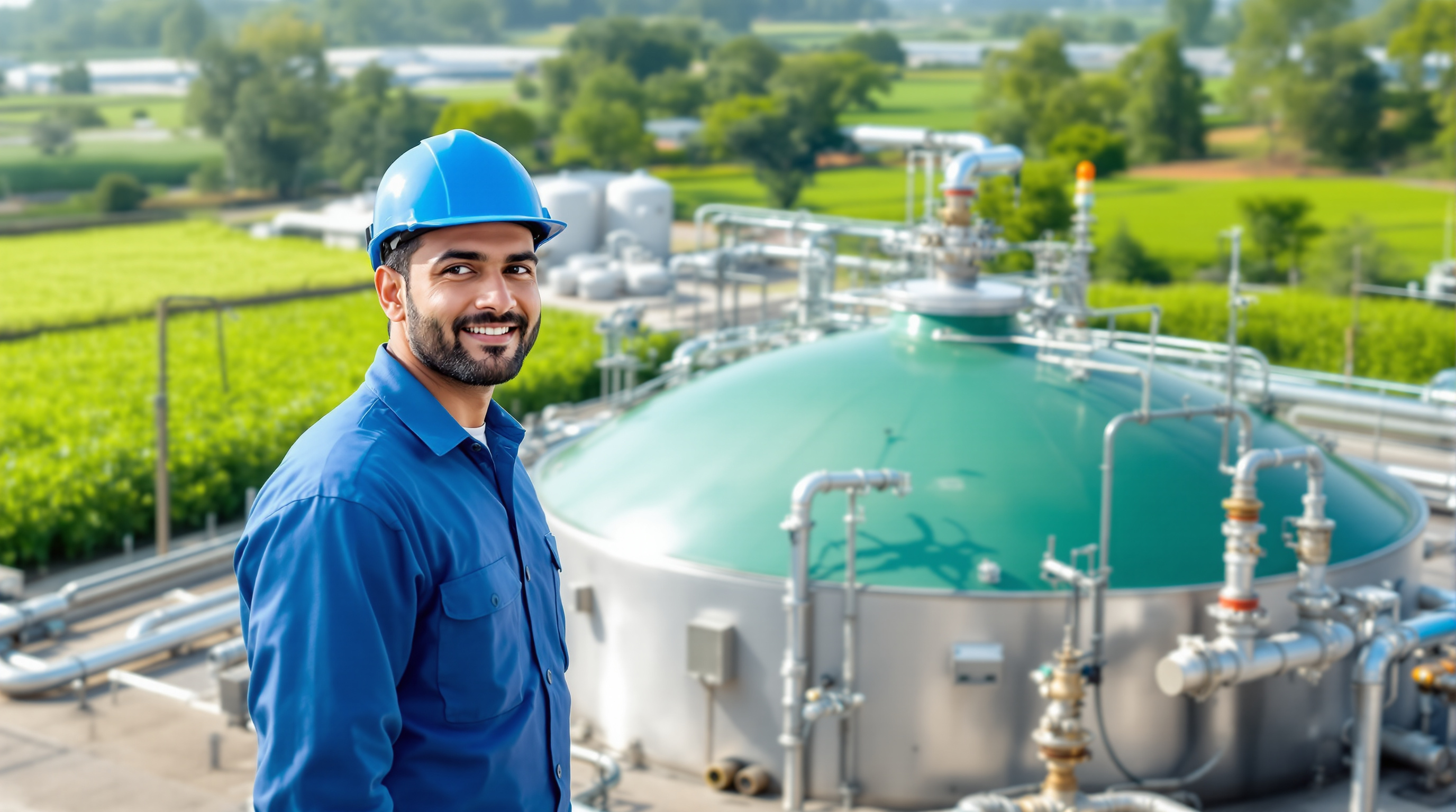 An Indian plant operator inspecting a large covered anaerobic digester with green biogas holder and pipework at a food factory effluent plant