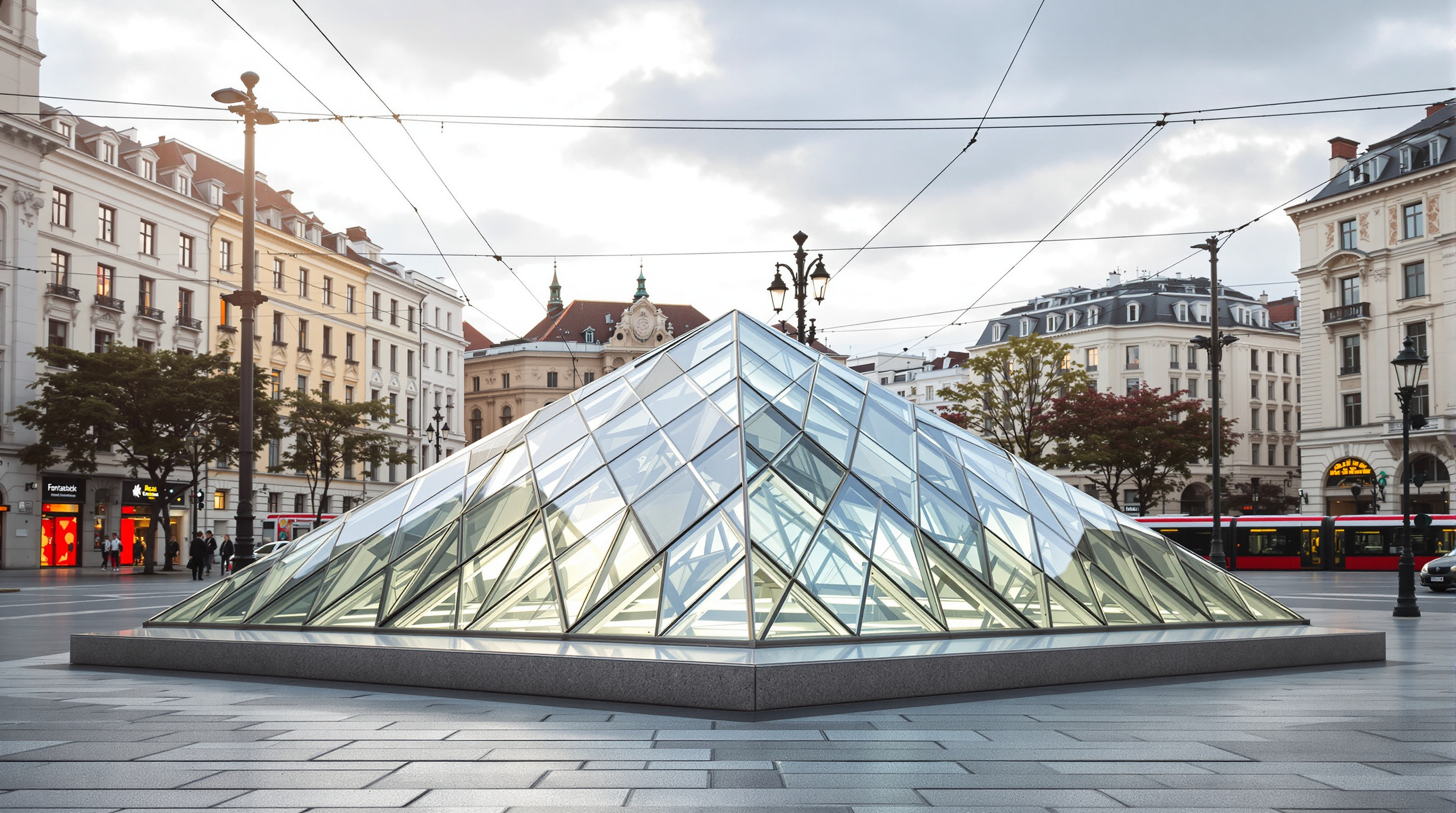 A crystalline faceted glass skylight set into the granite paving of Szent Gellért tér plaza at street level, angular prisms catching the sky, funnelling daylight down into the metro station far below