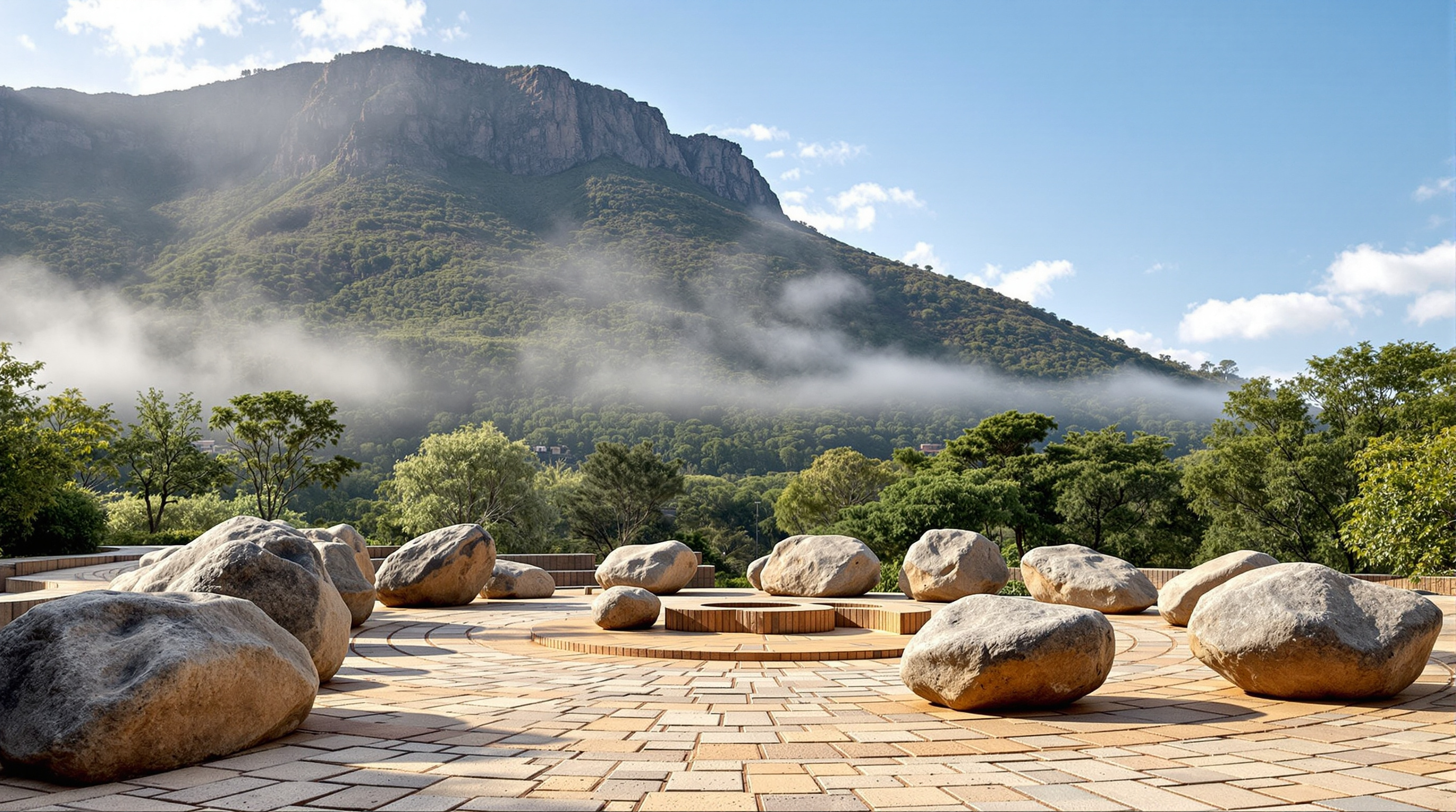 The Isivivane garden of remembrance at Freedom Park: a circle of large weathered boulders on a stone-paved eastern slope, veiled in a fine mist, with the wooded ridge of Salvokop rising behind under a wide South African sky
