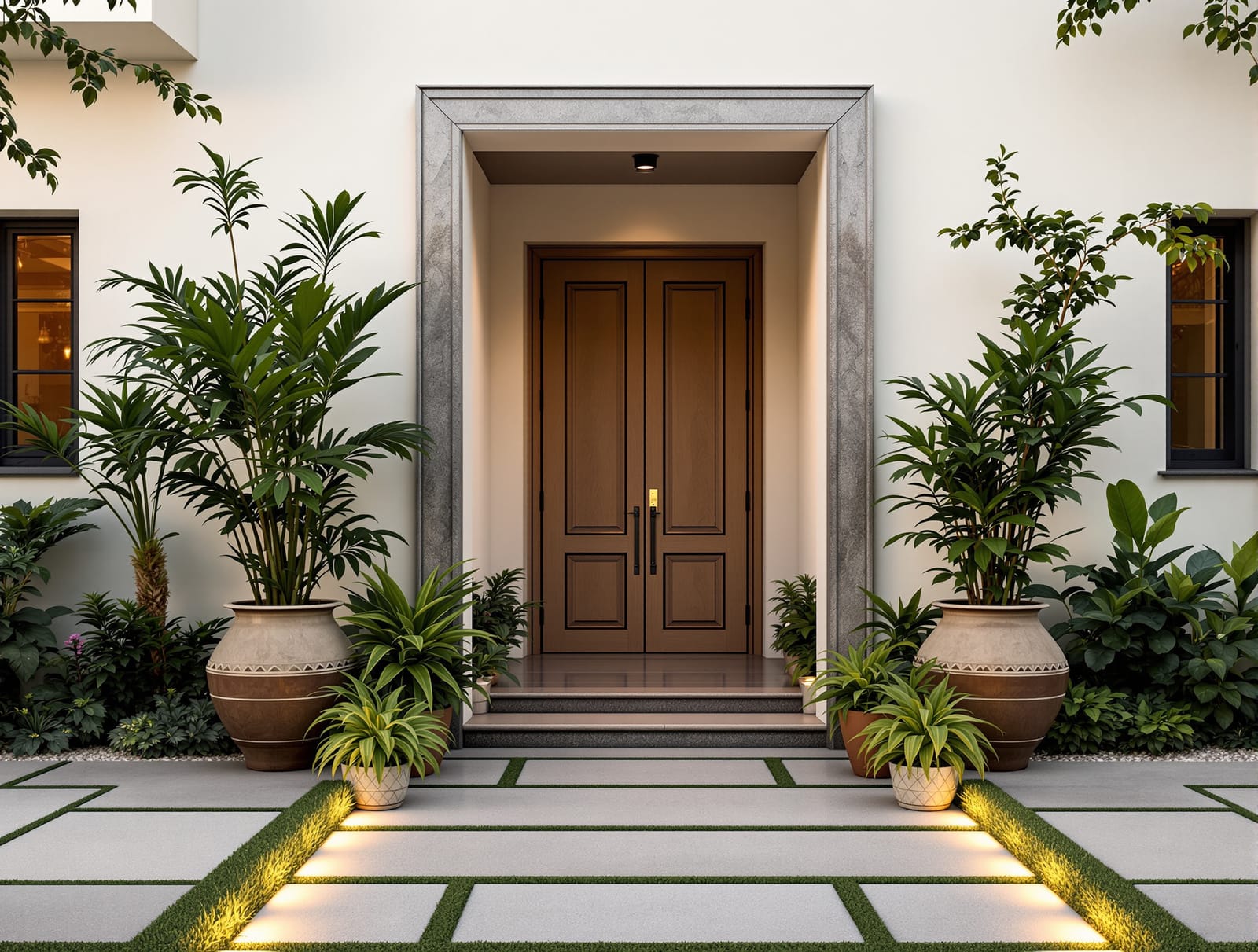 A beautifully planted entrance threshold of an Indian home with potted plants, a framed doorway and soft path lighting