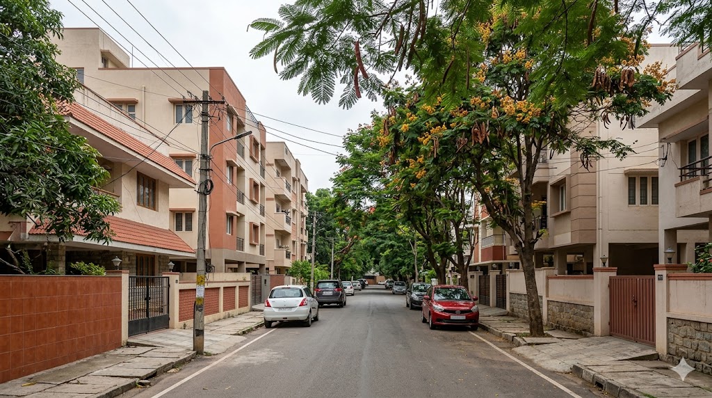Bengaluru residential street showing road-width-driven height variation across plots