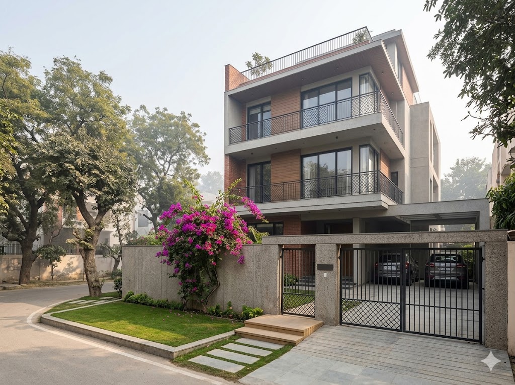 Delhi residential plot context — 4-storey row houses on a typical UBBL-compliant plot