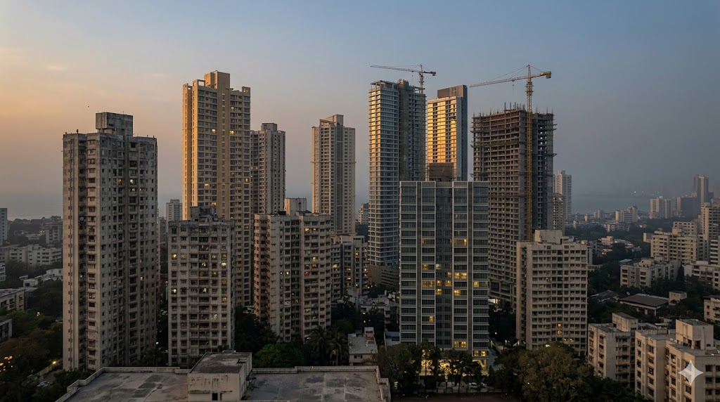 Mumbai skyline of stacked residential towers — visualisation of the layered FSI regime that permits this density