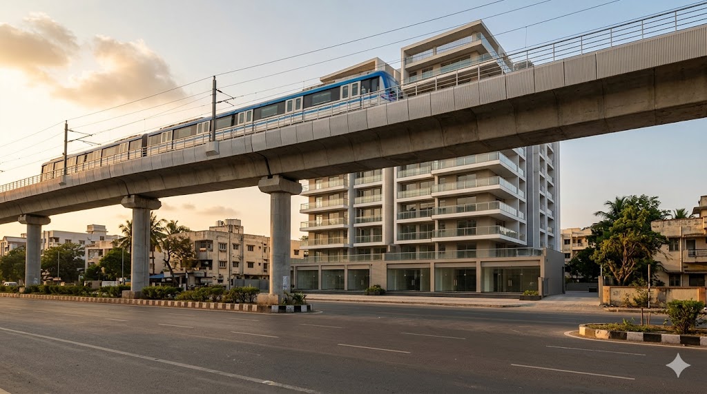 TOD-zone context — a residential project rising next to a metro corridor, illustrating where TDR and TOD bonus apply