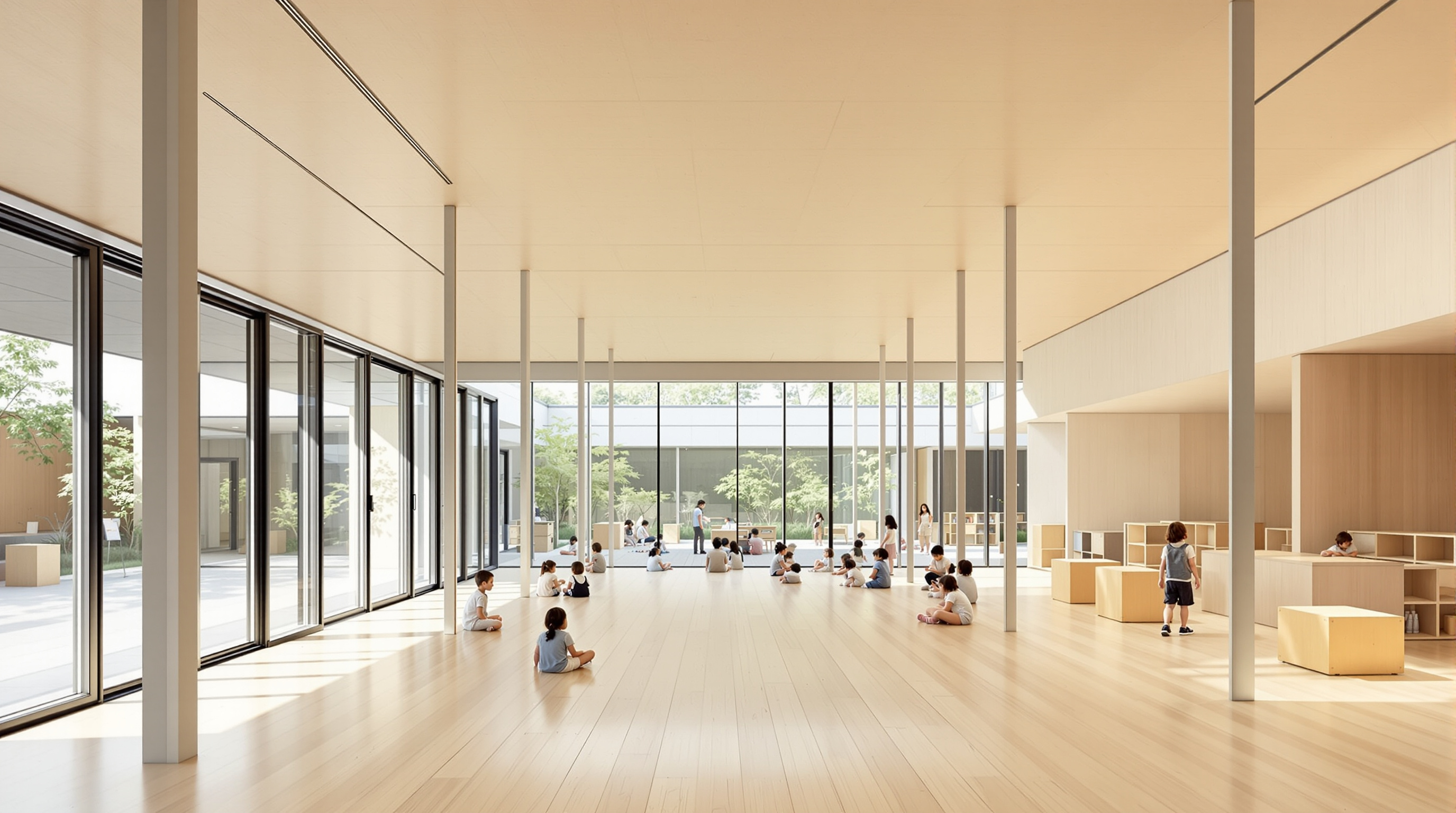 Interior of Fuji Kindergarten showing one vast open room with no dividing walls, low wooden storage boxes used as loose furniture partitions, children seated on the floor in scattered groups, full-height sliding glass doors along the inner courtyard edge folded open to the outside