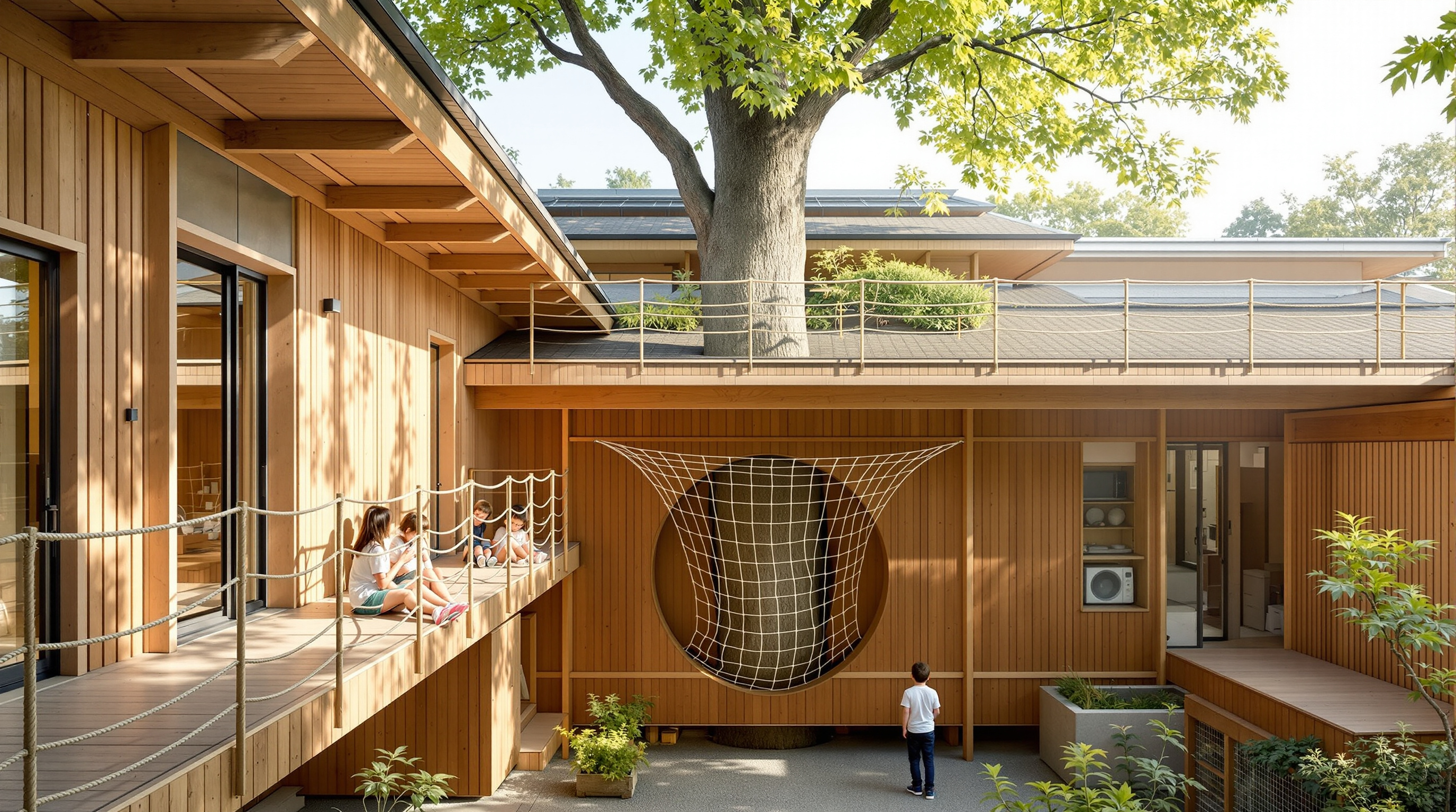 The low timber roof edge of Fuji Kindergarten at child height, several children sitting with their legs dangling over the shallow rope-and-rail balustrade, one adult standing in the courtyard below reaching up, a large zelkova tree trunk rising through the deck behind them, soft afternoon light