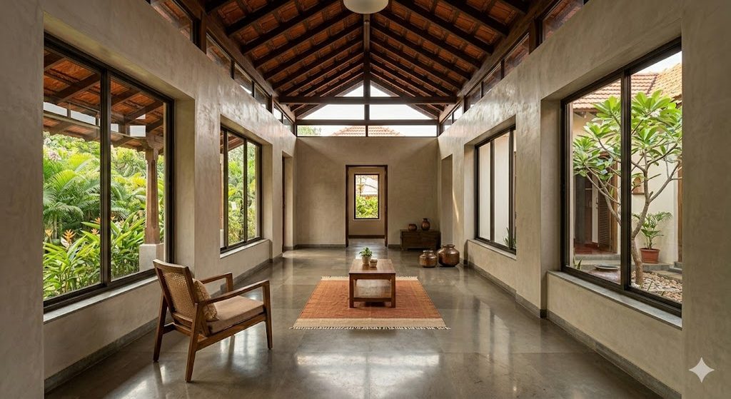 Contemporary Indian open-plan living-dining-kitchen continuum with a low partition or visual screen between zones, warm timber floor, a large window onto a small private garden, restrained modern Indian furniture, and late-afternoon light — illustrating how block planning resolves multi-zone functional flow within a single open volume