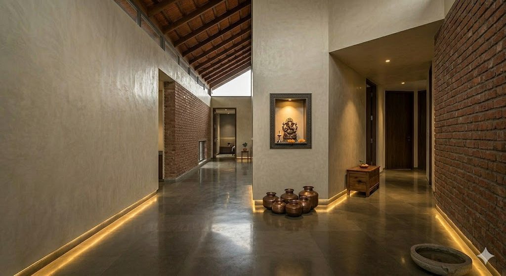 Internal Indian house passage at the threshold between public and private zones — a slim corridor opening into a private bedroom wing, a small framed view at the turn, warm artificial light at floor level, polished cement floor — illustrating the architecture of zoned circulation