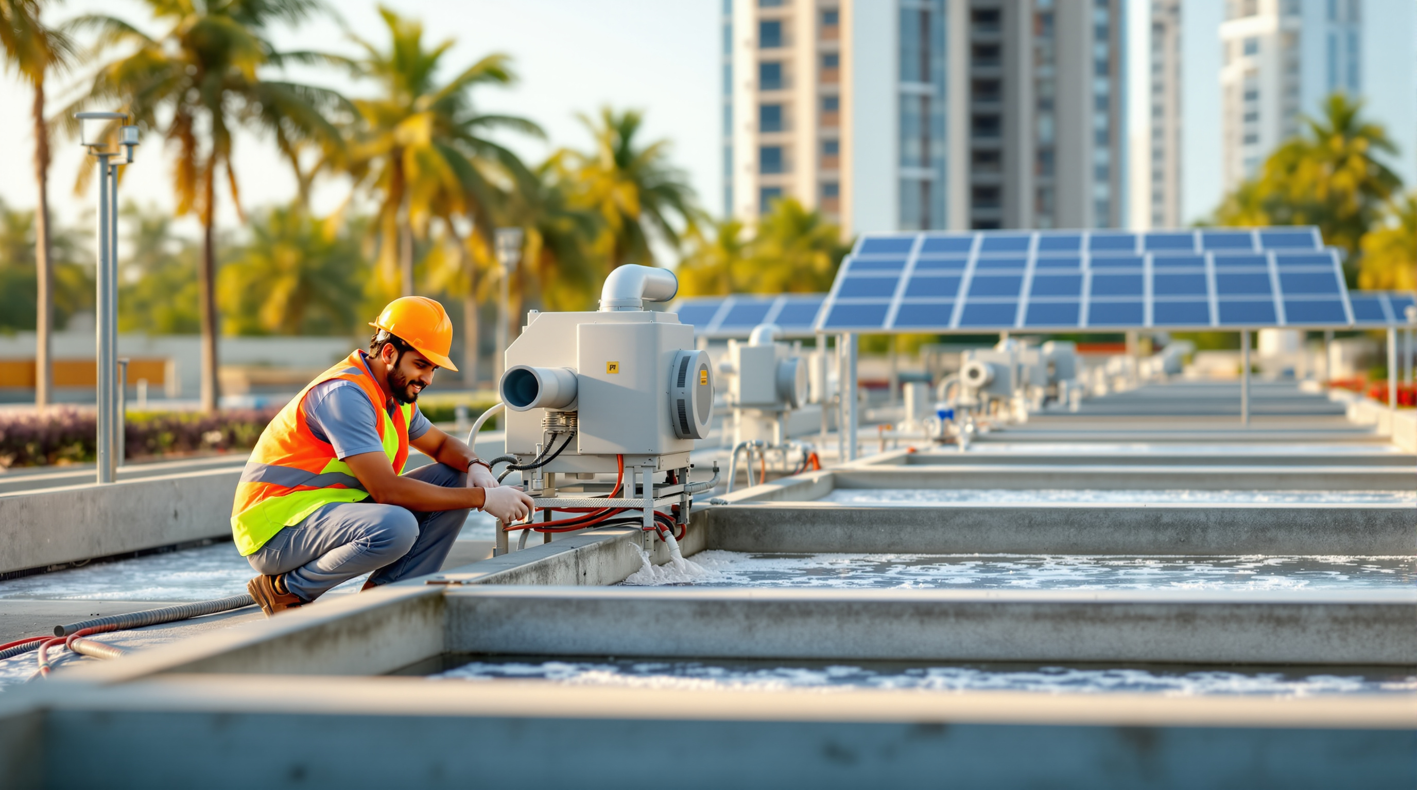 Rooftop solar panels installed over the aeration tanks of a compact Indian sewage treatment plant, with an Indian engineer inspecting a high-efficiency blower