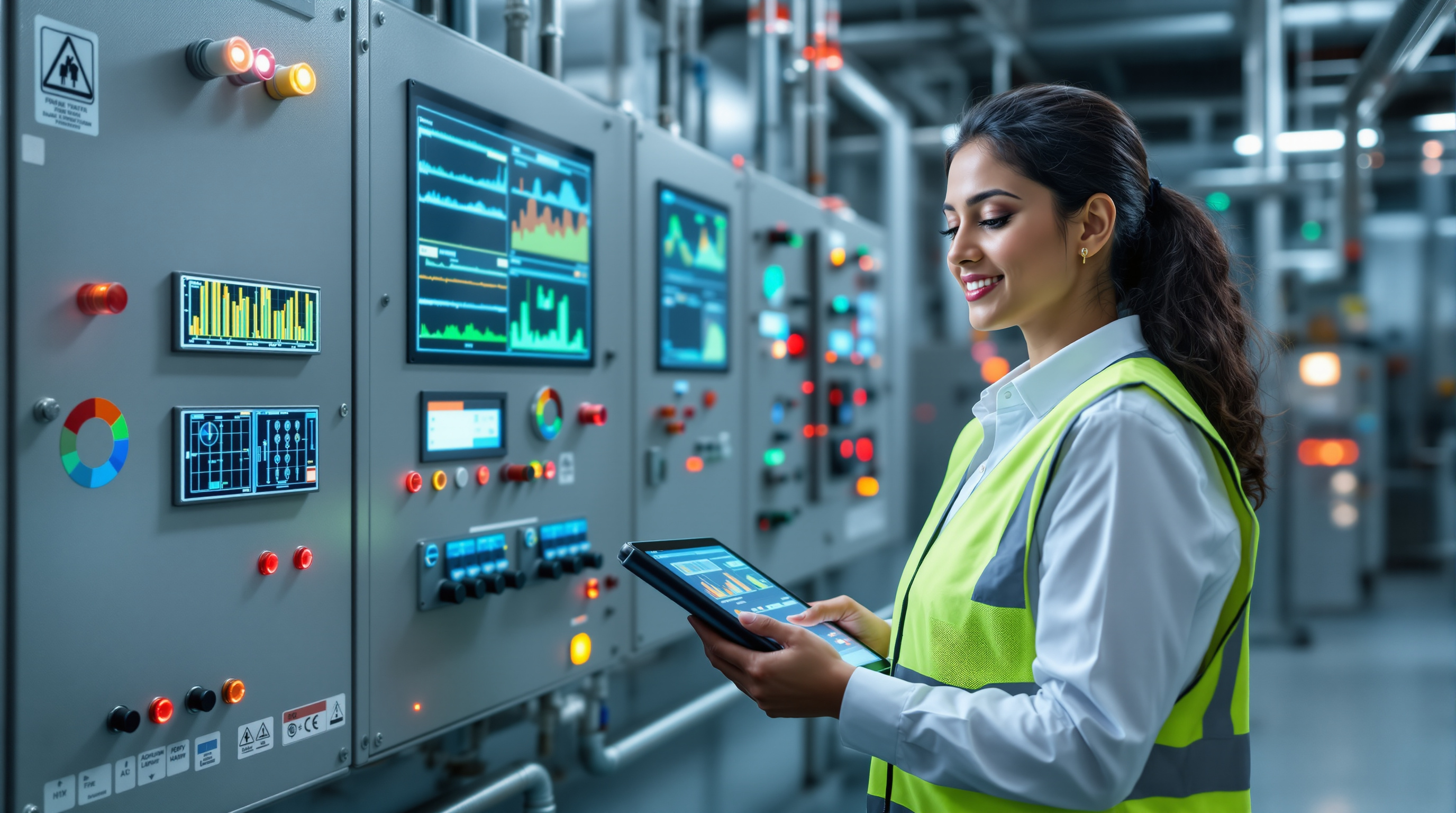 Indian STP operator holding a tablet showing live sensor dashboards while standing beside instrumentation and control panels in a clean plant room