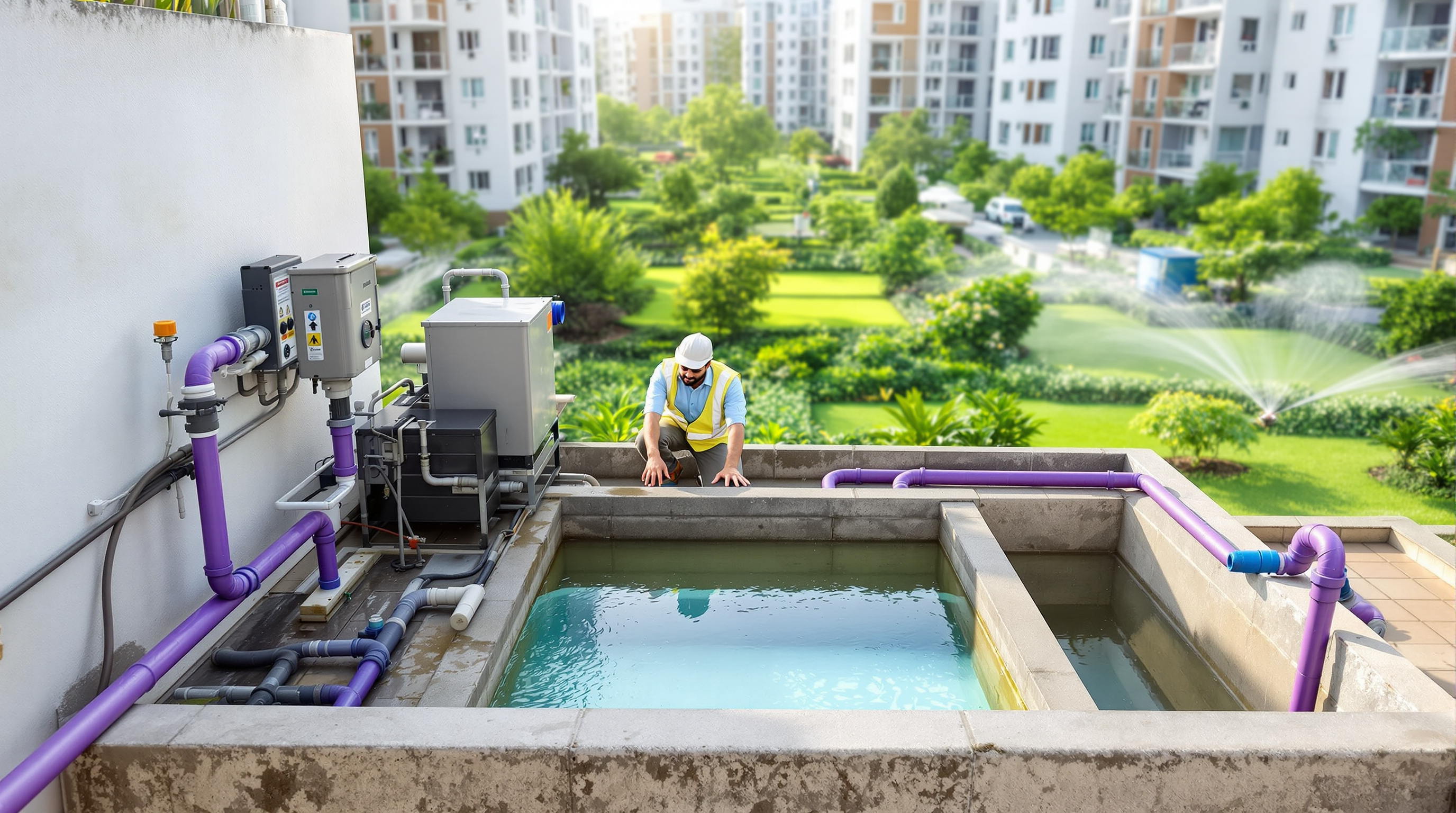 An Indian engineer inspecting a compact rooftop sewage treatment plant while recycled water irrigates a landscaped courtyard below