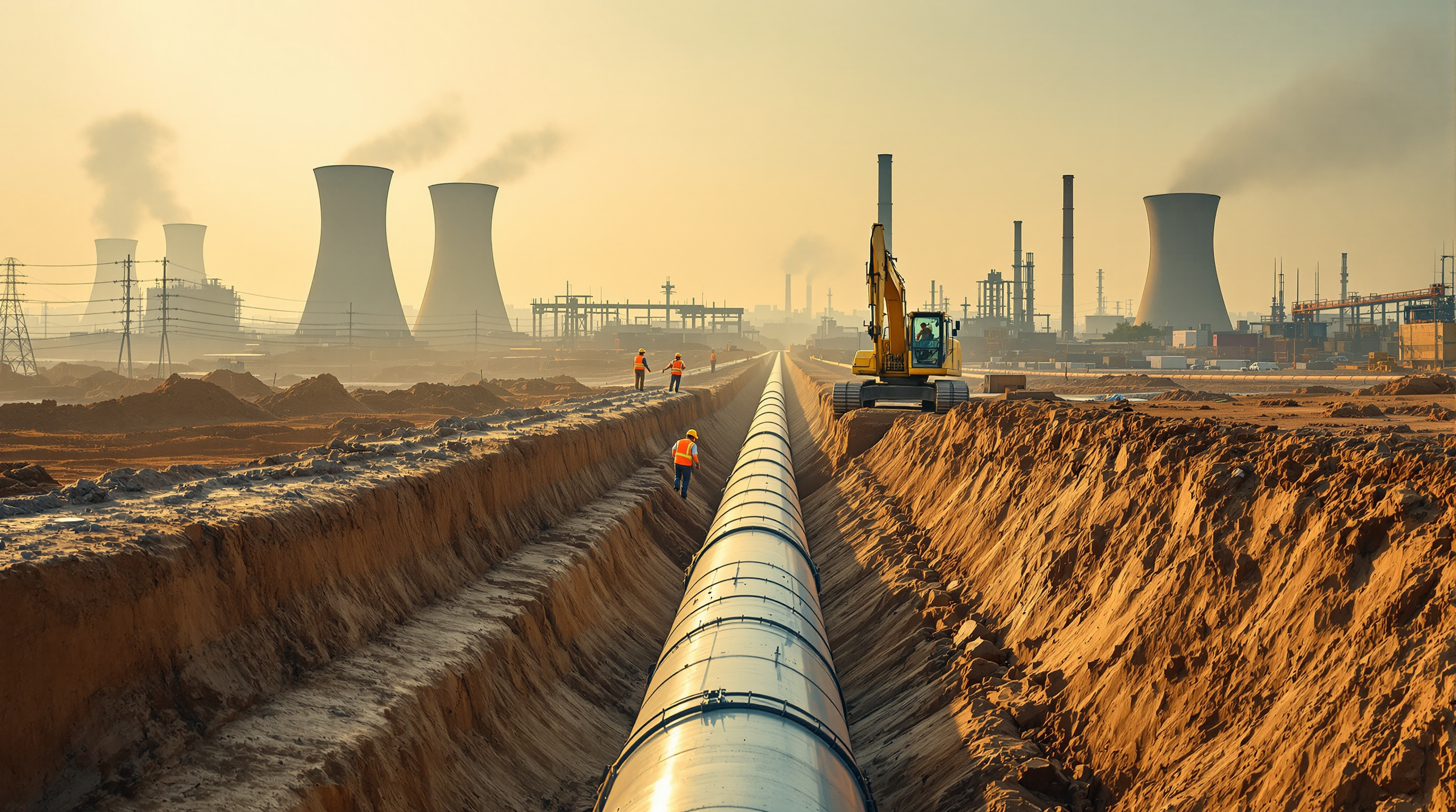 Large-diameter reuse water pipeline being installed across an Indian industrial estate with cooling towers in the background