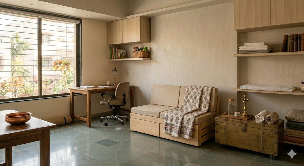 A bright neutral convertible room in an Indian home set up with movable furniture, a space that can serve as guest room, nursery, study or grandparents bedroom across the family lifecycle, documentary photograph