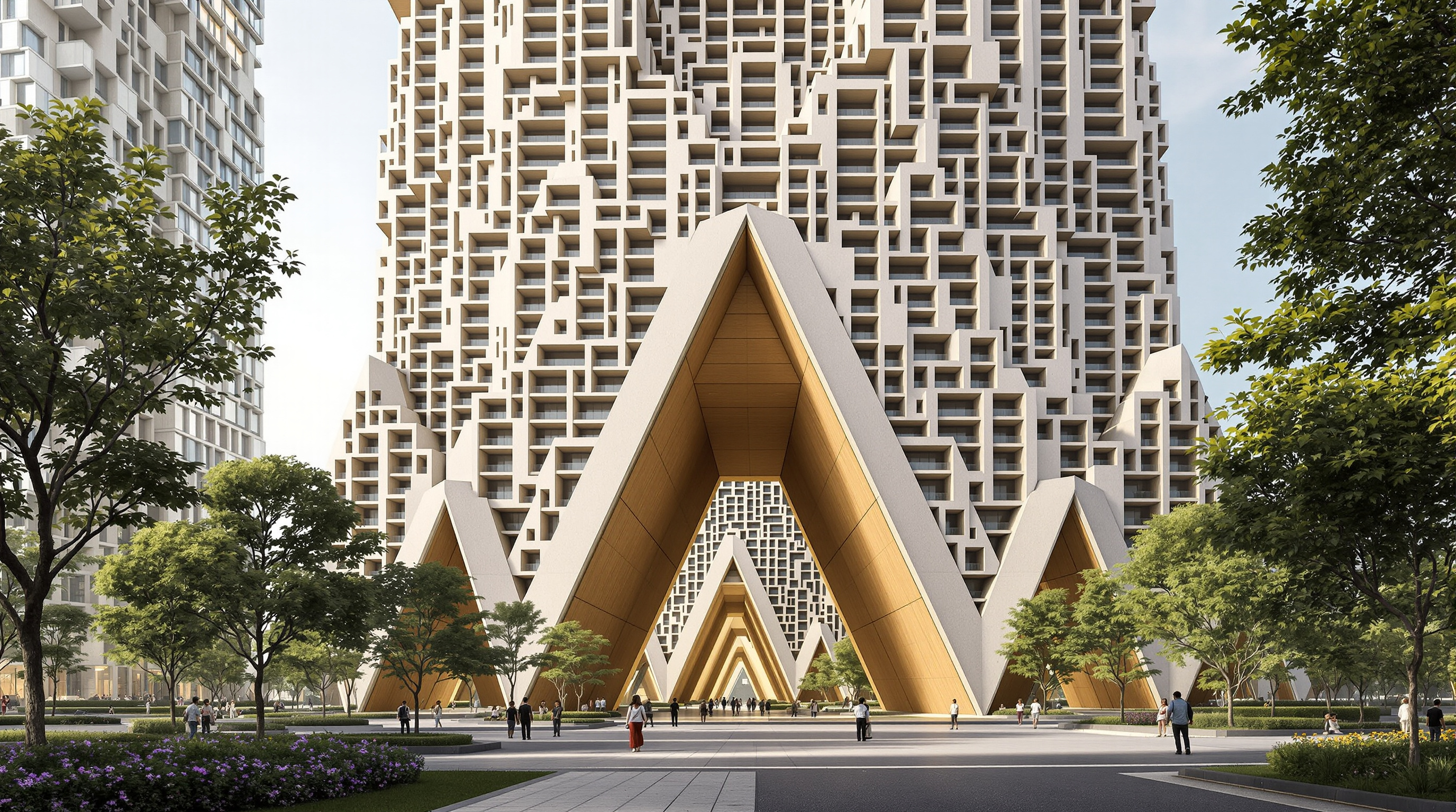 Wide view of Future Towers from the Amanora Park Town gardens: the vast stepped concrete massif with its irregular peaks, deep balcony grid and triangular ground-level gateways leading pedestrians through the building into the adjacent park