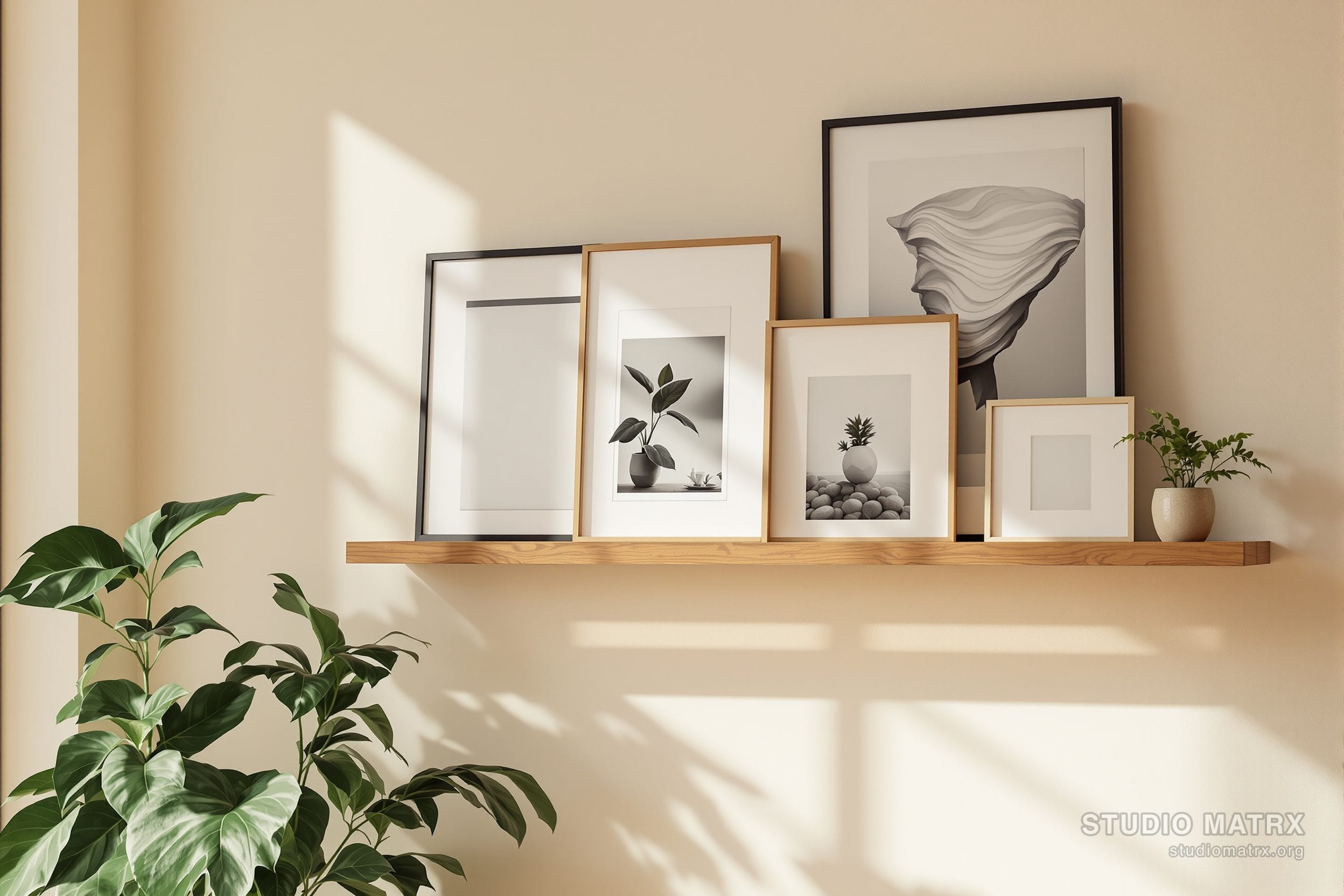 A picture-ledge gallery with leaning framed art and photography
