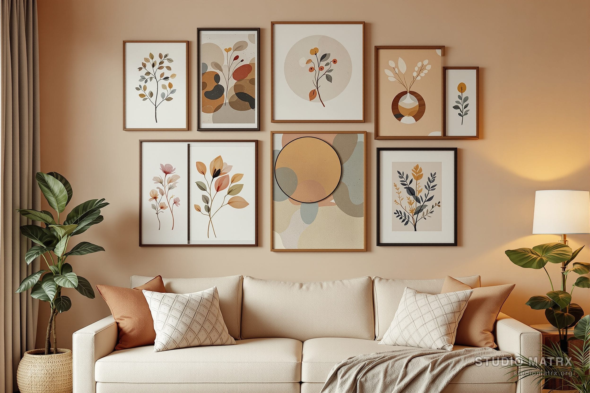 A salon-style eclectic gallery wall above a sofa in an Indian home