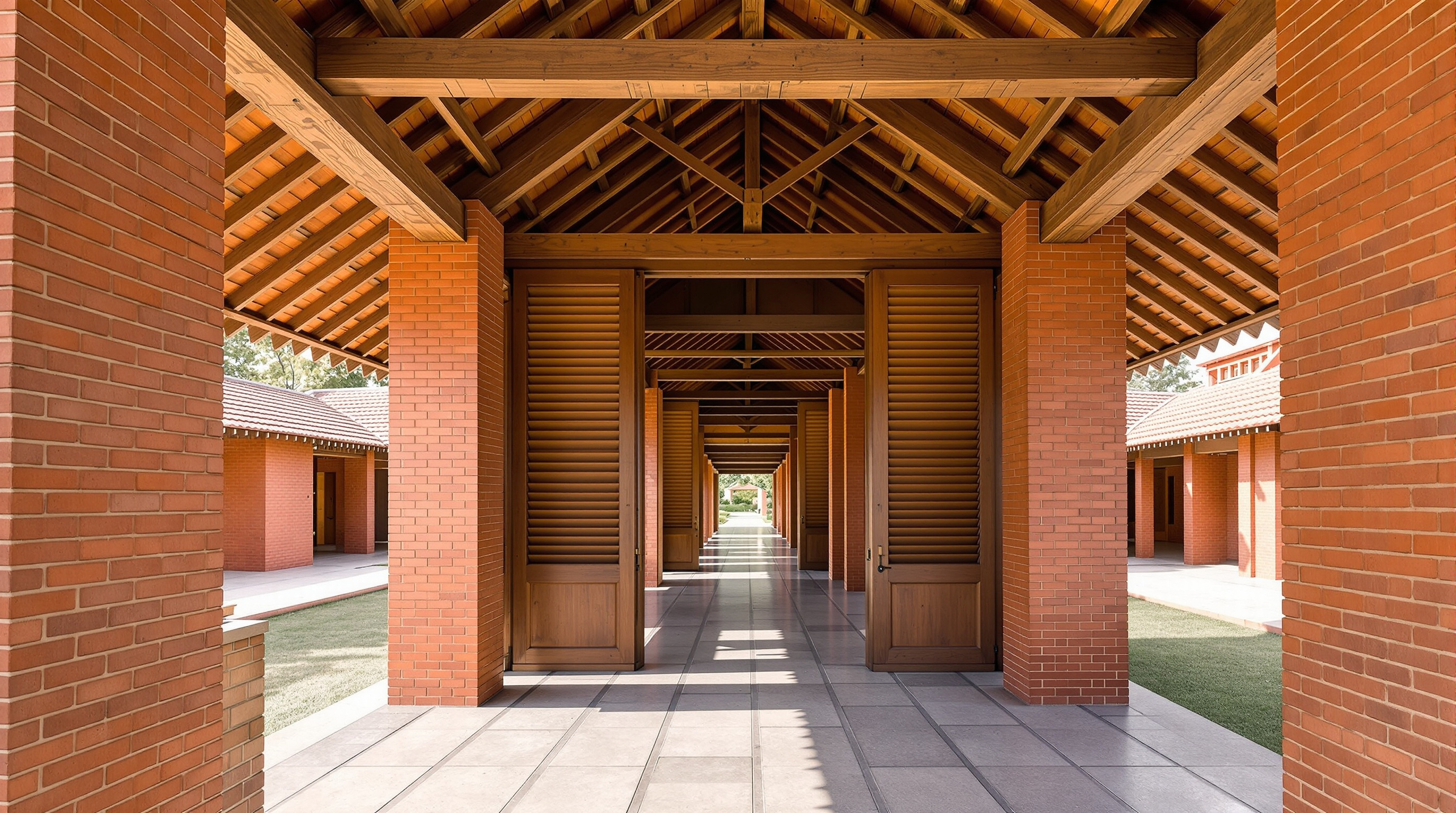 A single pavilion of the Gandhi museum seen close up: warm brick piers framing a wooden louvred screen, a stone floor, and the underside of the pitched timber-and-tile roof, with a shaded walkway leading off toward a bright open courtyard beyond