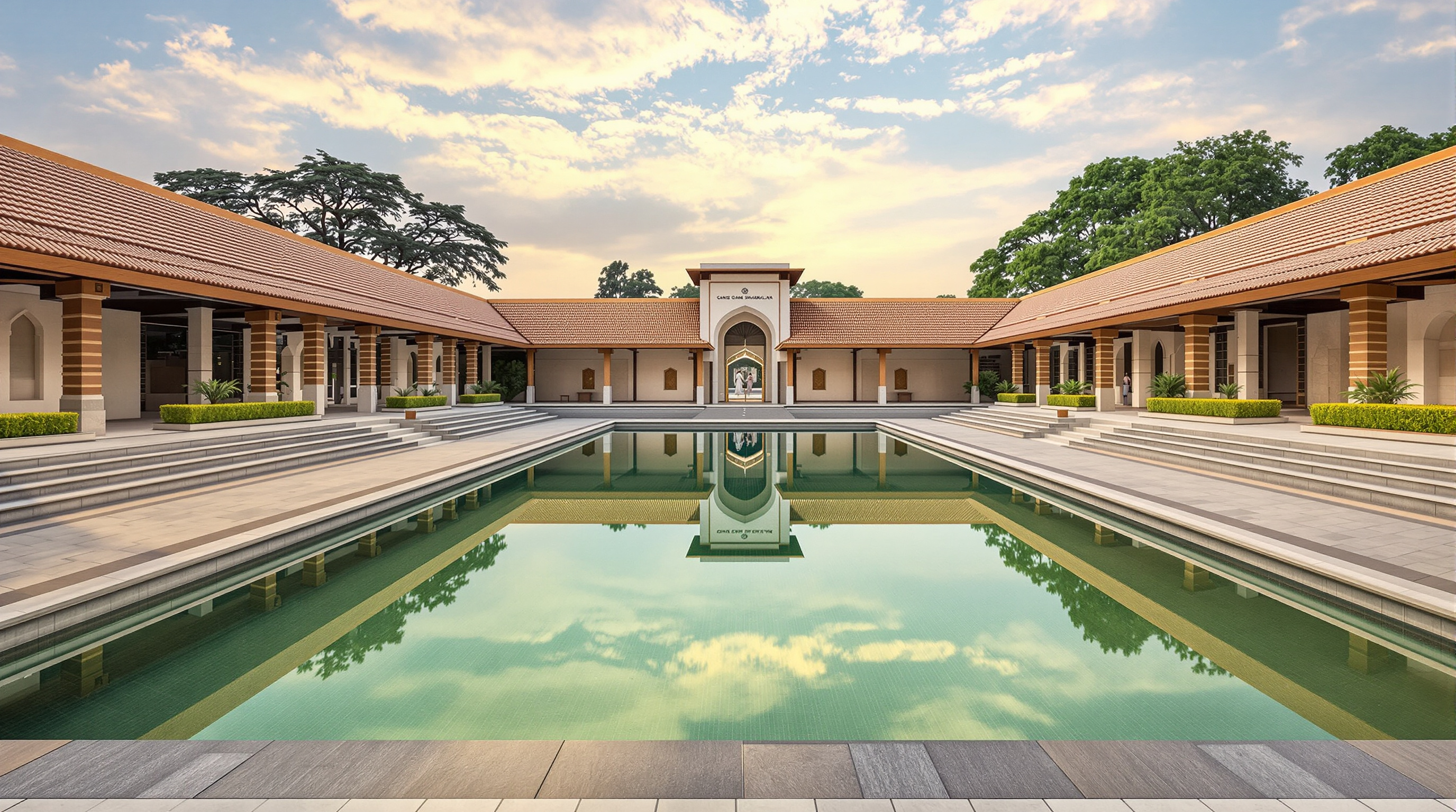 The central open-to-sky water court of the Gandhi Smarak Sangrahalaya, a calm shallow reflecting pool framed by low tiled-roof pavilions and shaded walkways, the Ahmedabad sky mirrored in the still water