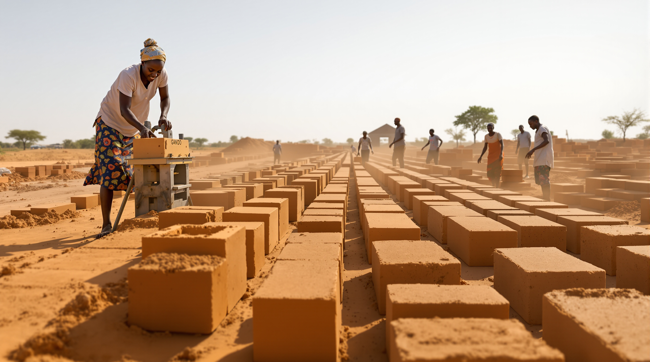 Villagers of Gando making compressed earth blocks by hand under the sun: a simple manual press, stacks of freshly pressed red-brown bricks curing in rows on the ground, women and men working together, the flat Sahelian landscape stretching to the horizon