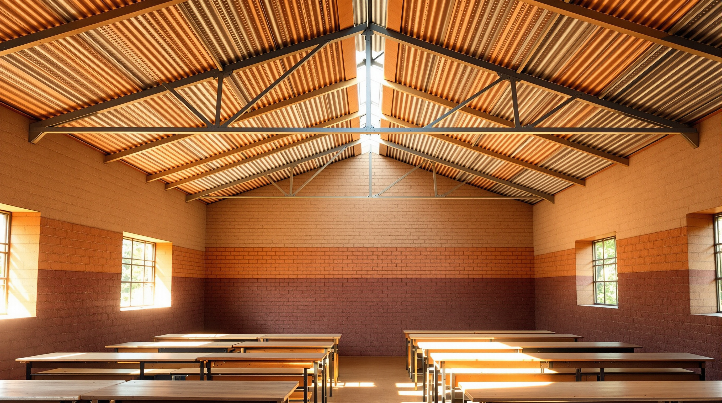 The underside of Gando's floating roof seen from inside a classroom: warm daylight filtering through the gap between the perforated earth-brick ceiling and the raised metal roof above, the exposed steel truss casting a lattice of shadow, children at simple desks in cool, even, glare-free light