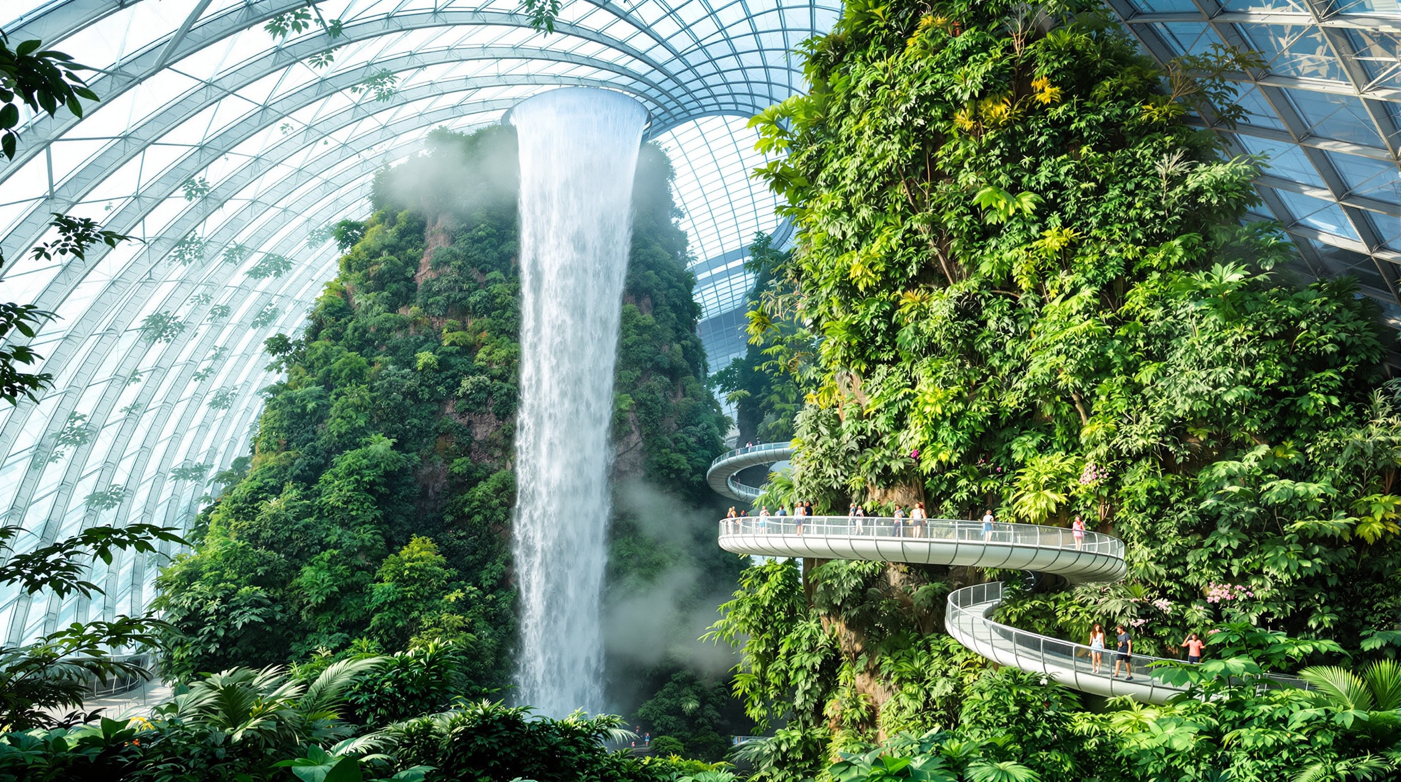 Interior of the Cloud Forest conservatory at Gardens by the Bay, a towering plant-covered mountain wrapped in mist with the world's tallest indoor waterfall cascading down its face, visitors on a spiralling aerial walkway, the diagonal gridshell of glass and steel arching overhead