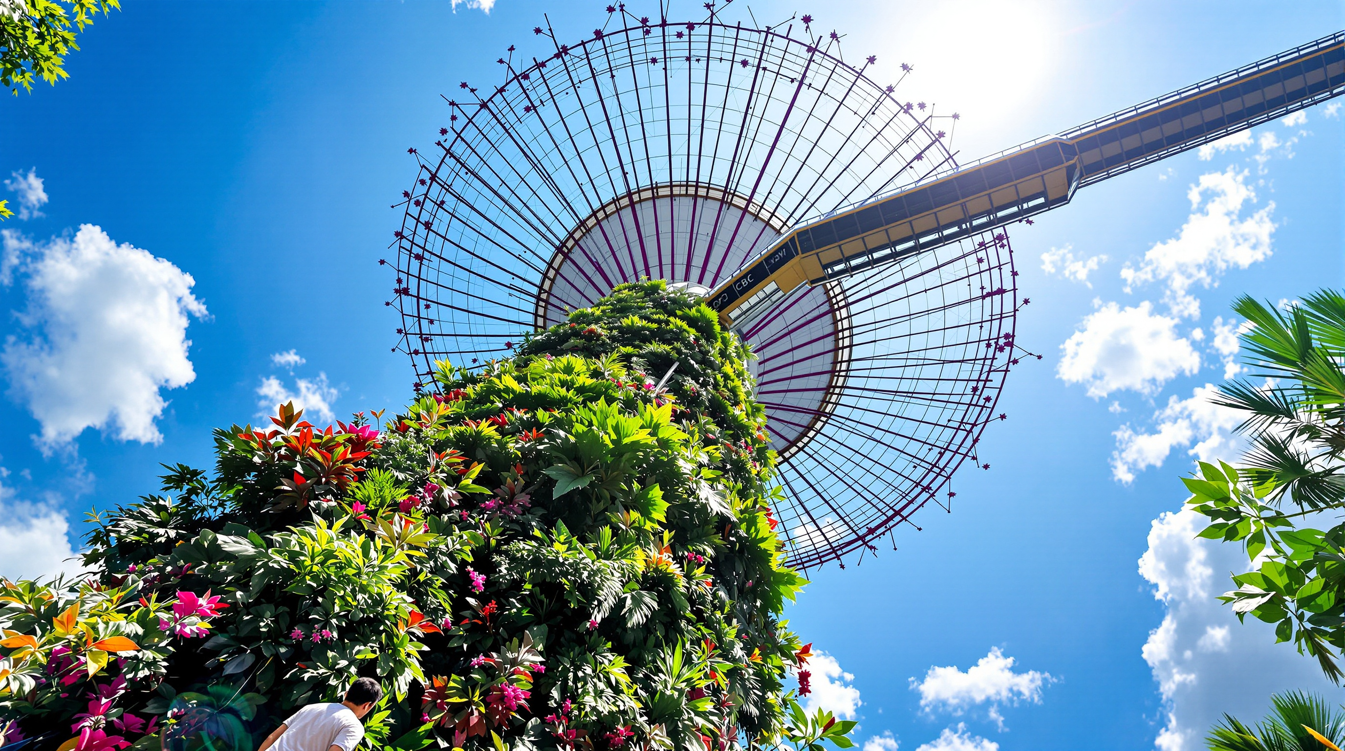 Two visitors standing beneath a single 50-metre Supertree at Gardens by the Bay in daylight, looking up at its vast steel canopy and the ferns and bromeliads growing across its trunk, the aerial OCBC Skyway walkway visible overhead against a bright tropical sky