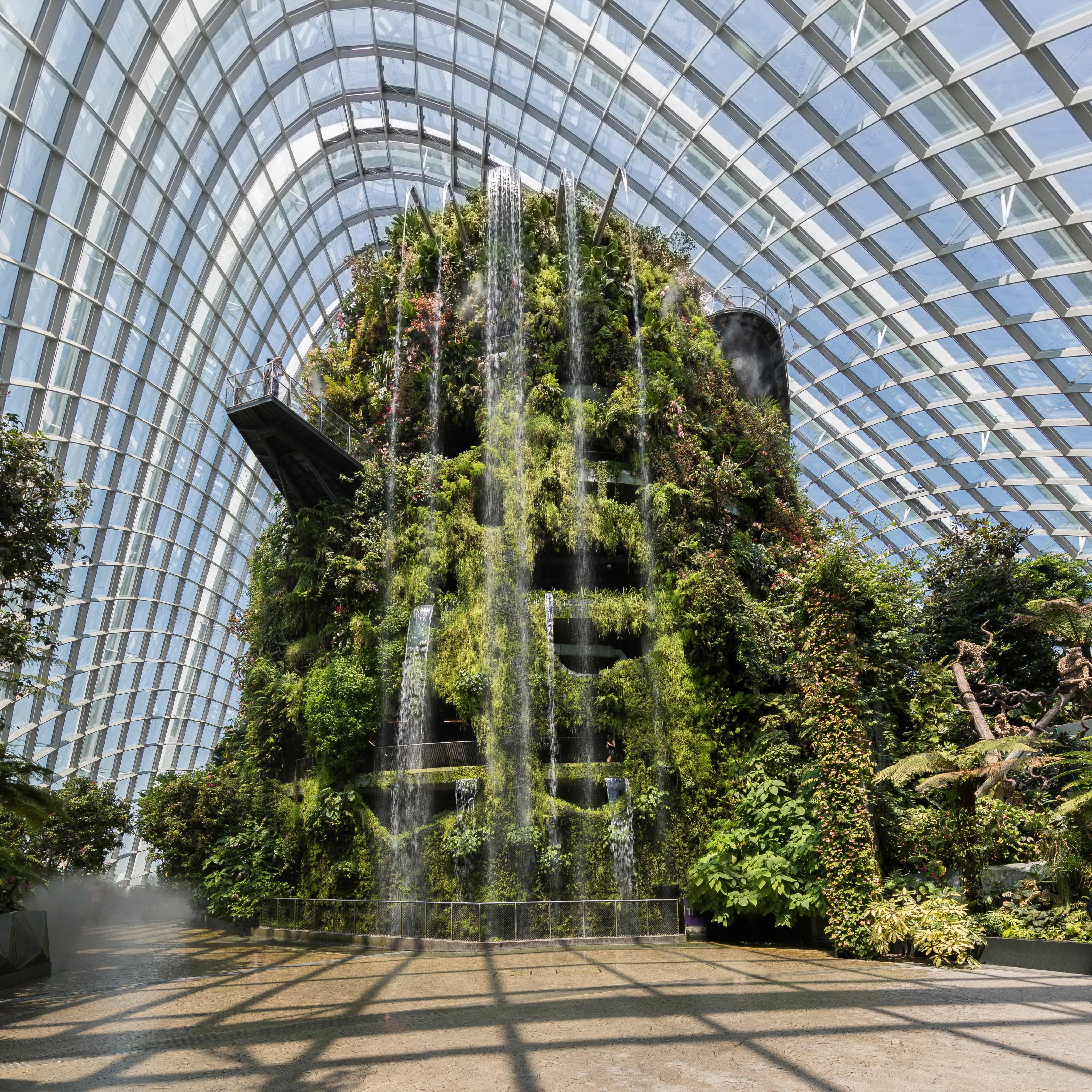 Interior of the Cloud Forest conservatory with the planted Cloud Mountain and indoor waterfall