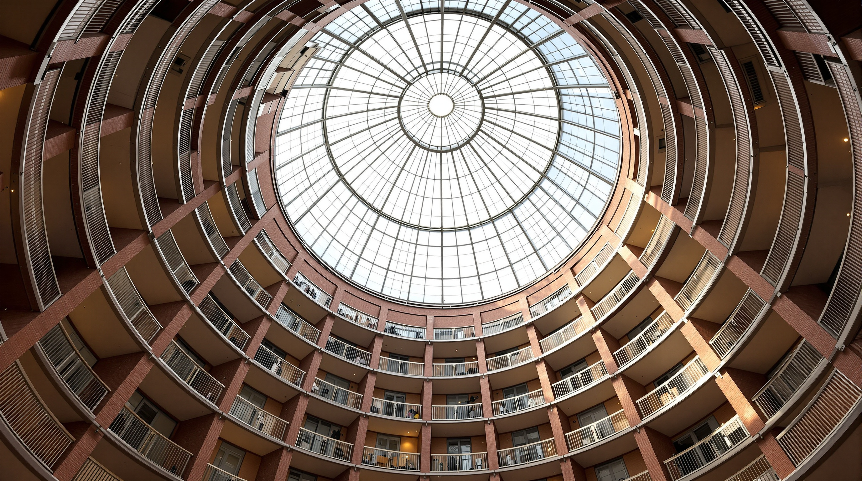 Interior view looking up inside one Vienna gasometer drum: a top-lit conical glass light court funnels daylight down through many storeys of apartment balconies arranged in a ring, the preserved brick shell faintly visible beyond the new glazed inner structure