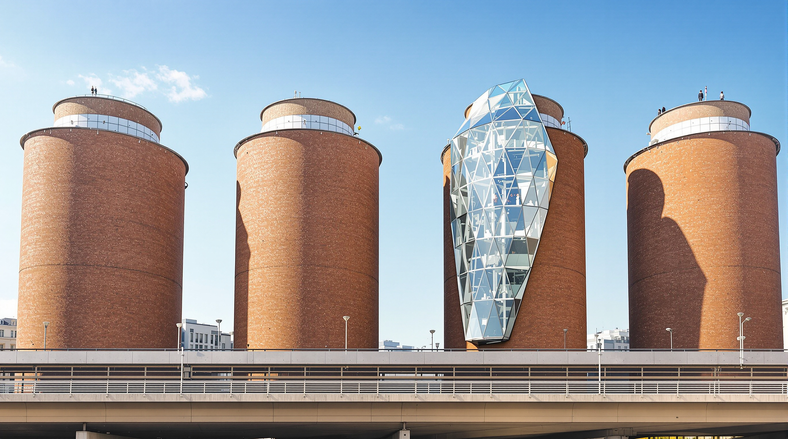 Exterior view of Gasometer City from the elevated U-Bahn line: four intact cylindrical brick gasometer facades in a row against a blue Vienna sky, with Coop Himmelb(l)au's sharp modern glass shield structure leaning out dramatically from the second drum