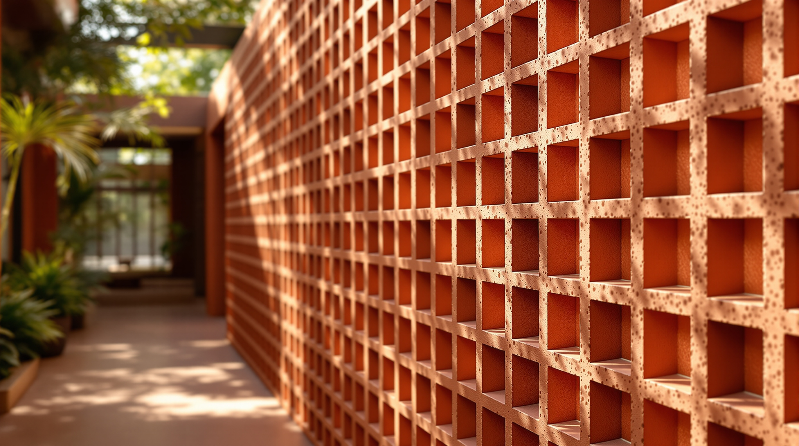 The perforated compressed-earth-brick screen wall of the Goethe-Institut Dakar seen up close, warm terracotta-red blocks laid with regular gaps casting a lattice of dappled shadow across a shaded interior walkway, tropical light filtering through