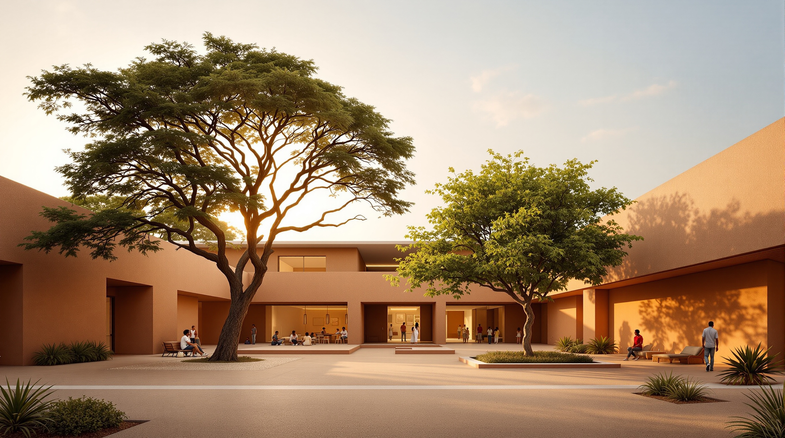 Interior courtyard of the Goethe-Institut Dakar at golden hour, an open shaded space at the heart of the compound with a large tree, warm earthen-brick walls rising on two sides, people gathered informally, the floating canopy roof visible overhead against a coastal sky