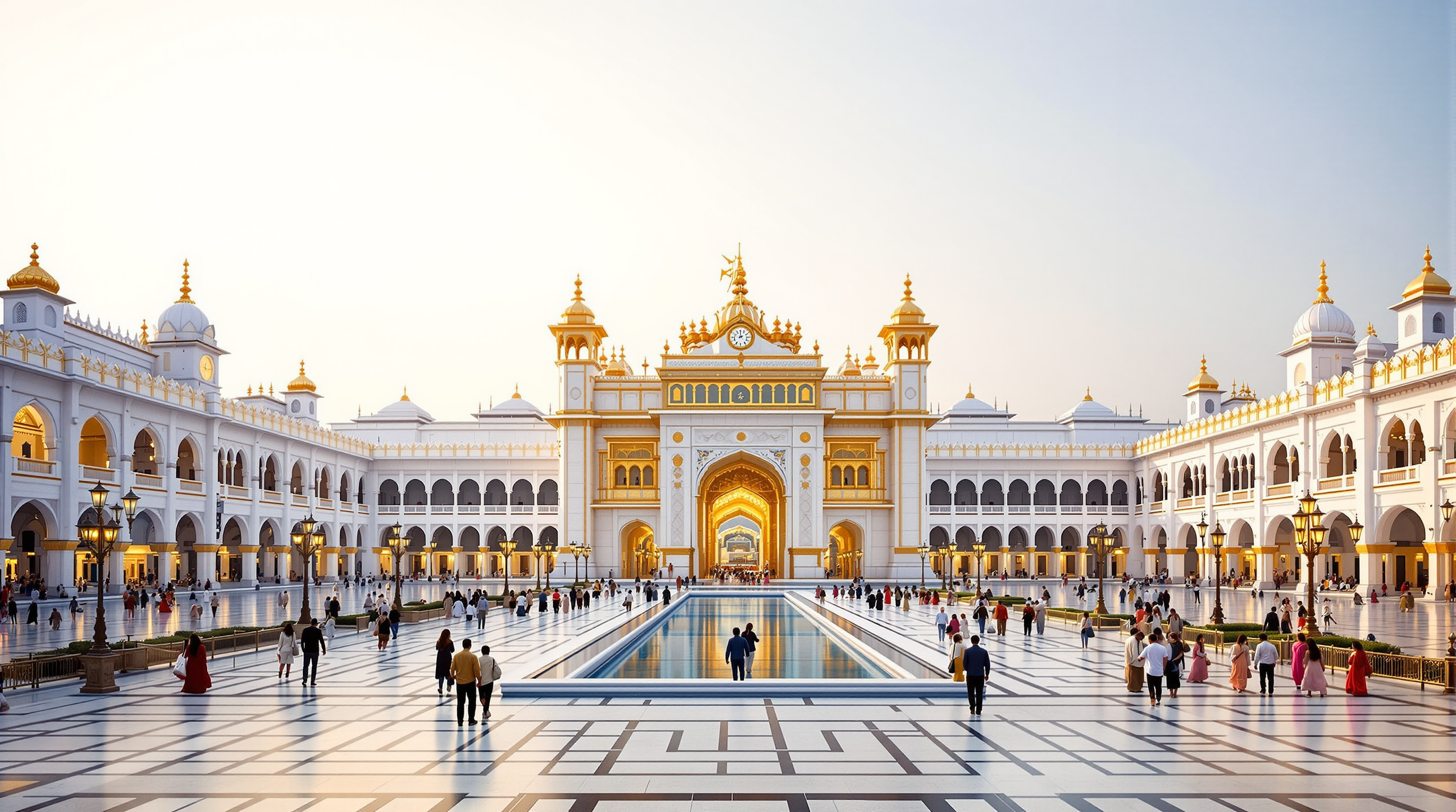 The white marble Golden Temple entrance plaza on the western approach at dawn, its symmetrical arcaded facades and central water channel leading the eye toward the clock-tower gateway of the shrine, sparse early pilgrims crossing the vast paved forecourt