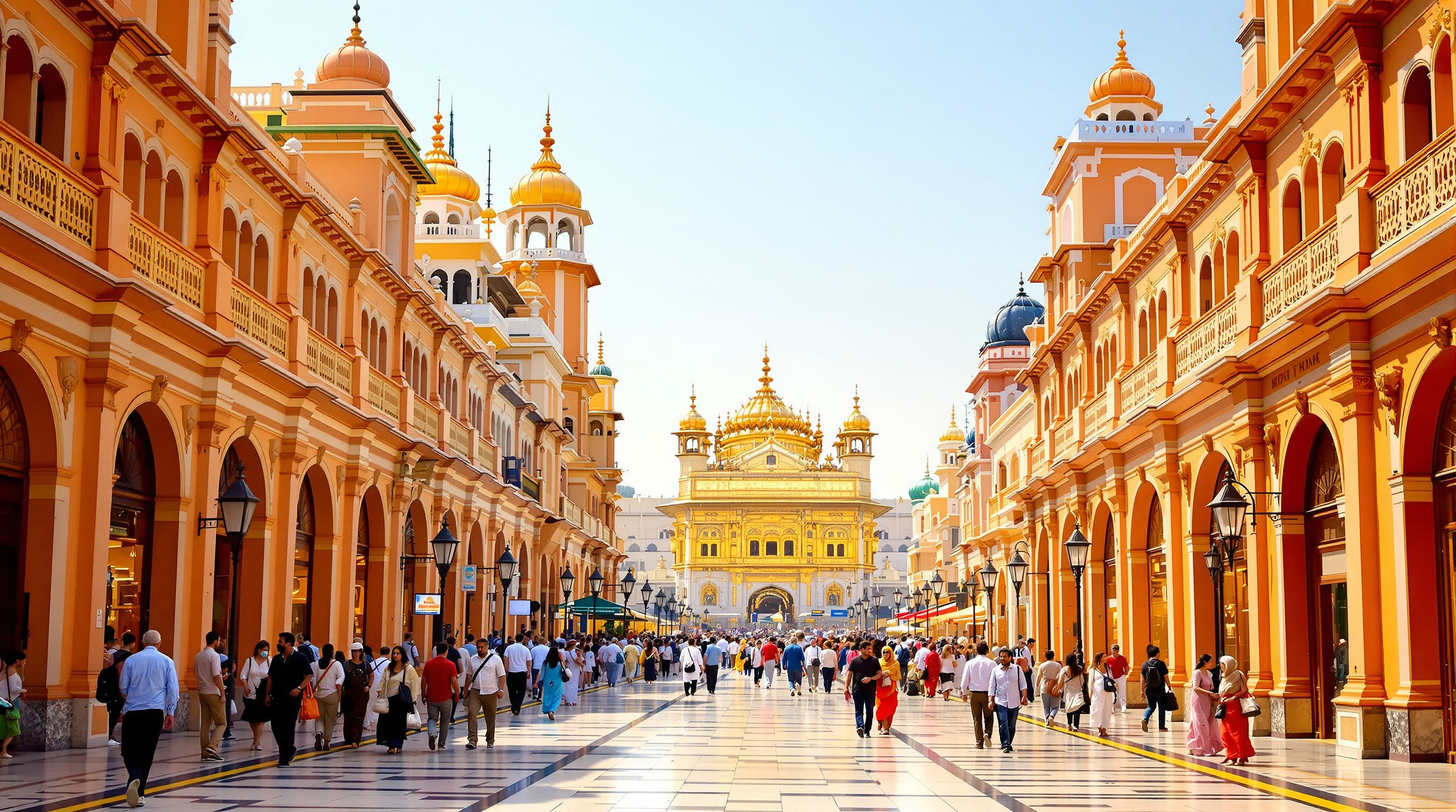 A wide-angle view down Amritsar's pedestrianised Heritage Street, rows of uniform ochre and cream heritage-style shopfronts with arched openings and carved brackets receding toward the distant gilded dome of the Golden Temple, crowds of pilgrims and visitors walking the car-free promenade