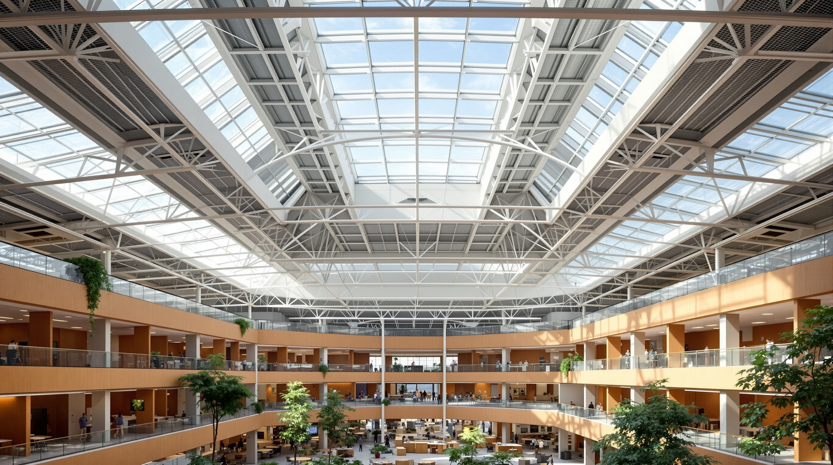 Interior of Google Bay View looking up into the sweeping catenary canopy, its exposed structure and skylit clerestory bays washing diffused daylight across an open upper floor of timber-toned workspaces and planted courtyards